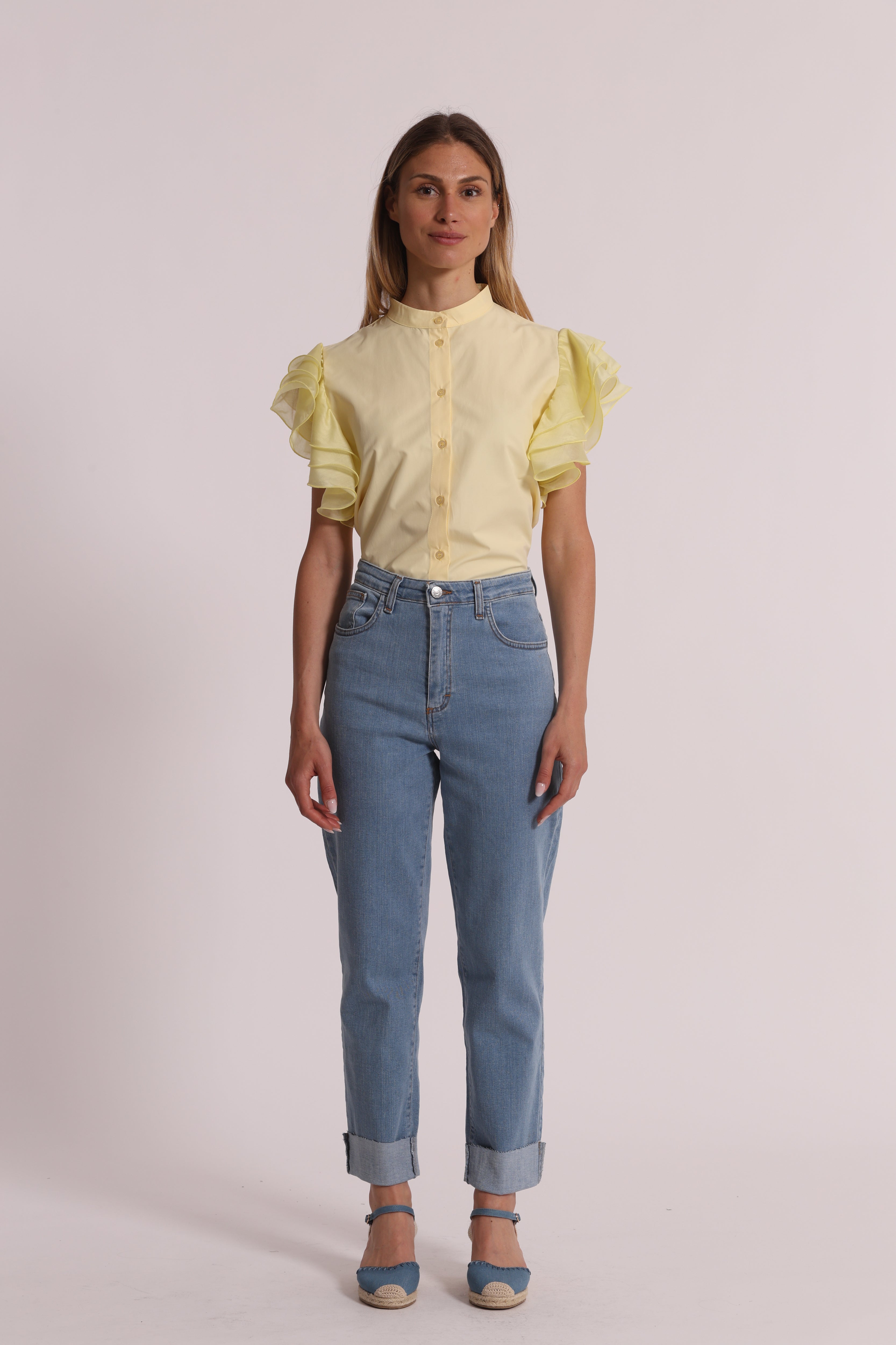 Mimi Mua Jeans Cropped con Risvolto Bianco