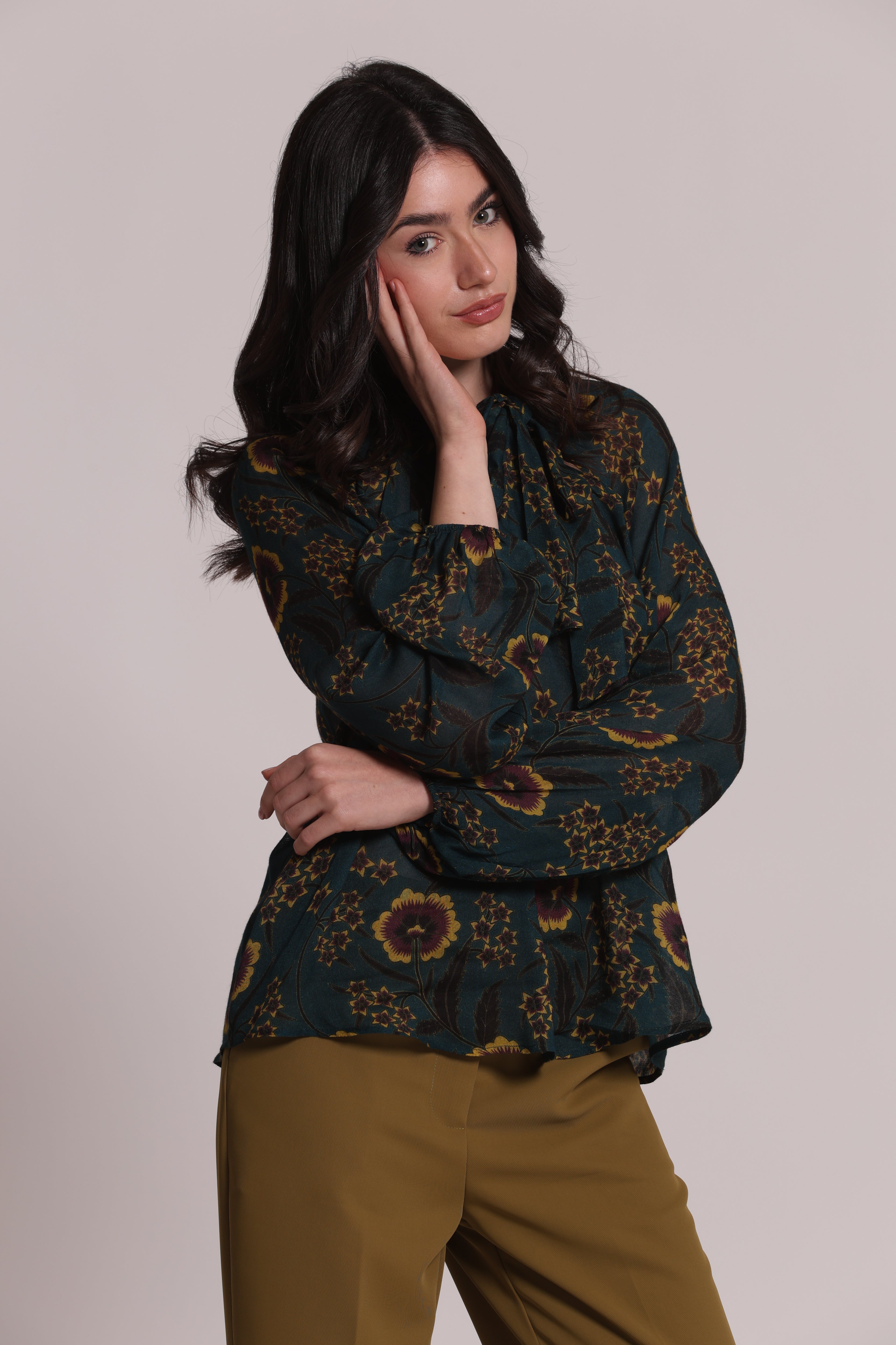 Mimi Mua Blusa Fiocco Ampio Verde Till Floreale Vintage