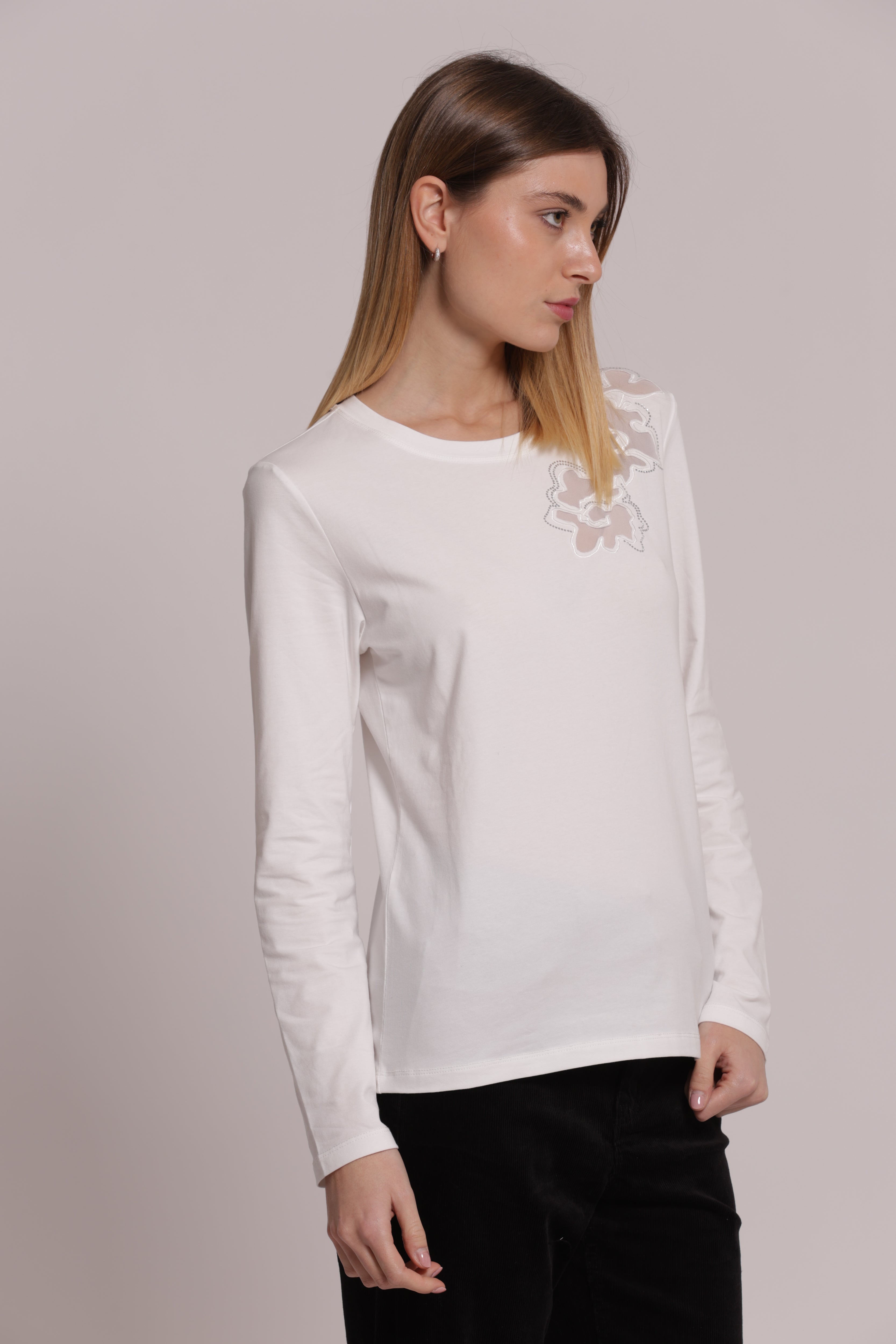 Mimi Mua Trasparenze Strass t-shirt nero maniche lunghe