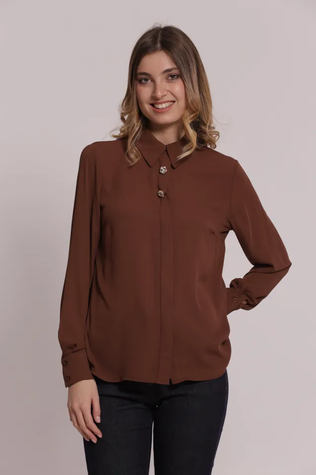 Mimi Mua Camicia Georgette Bottoni Gioiello Nero