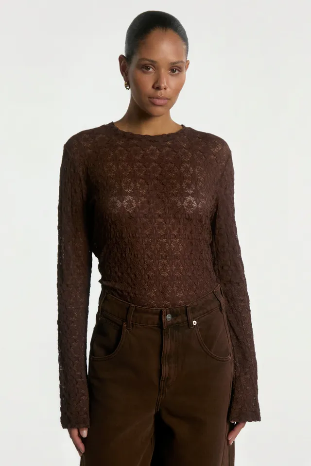 Aaiko Mason top pizzo marrone scuro semitrasparente