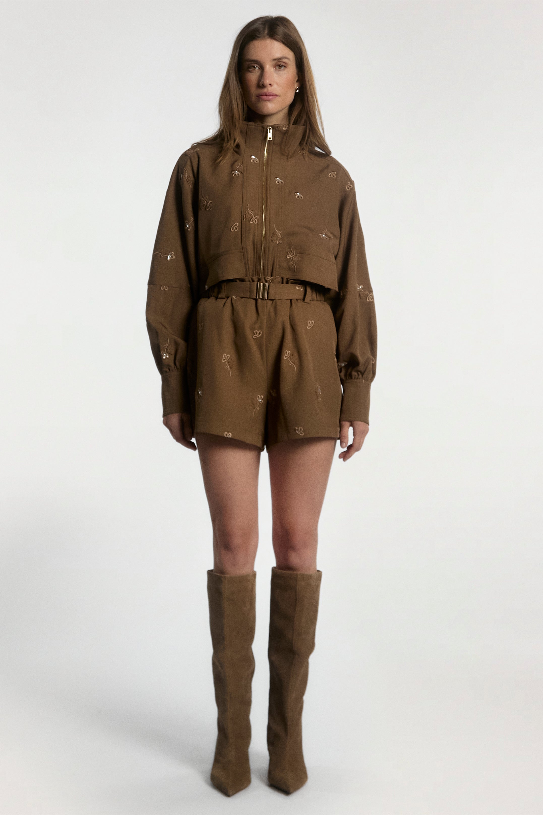 Aaiko Sete giacca verde teak ricamata zip oro