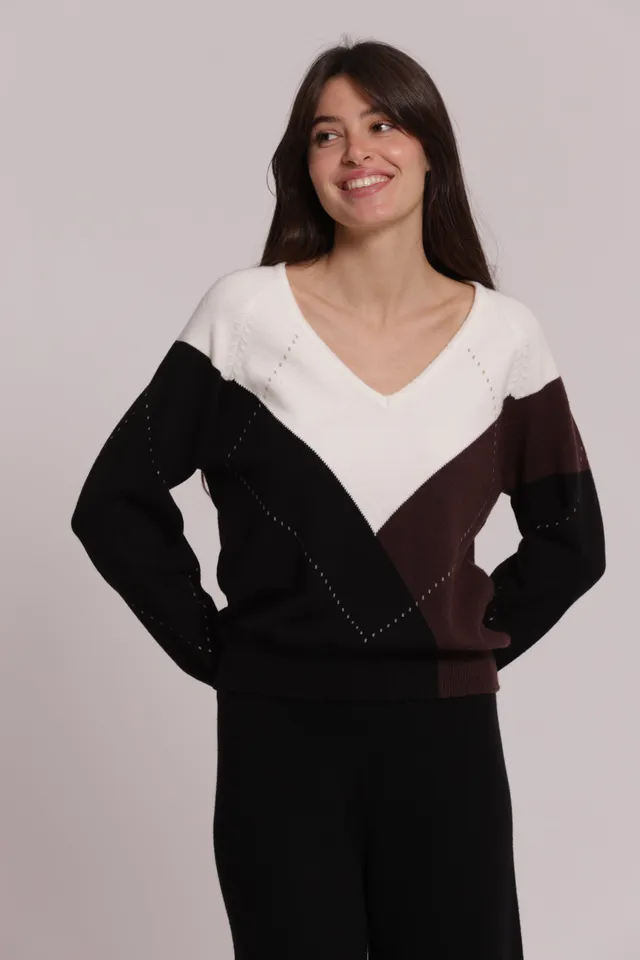 Mimi Mua rombi scollo V maglia nero scollo a V