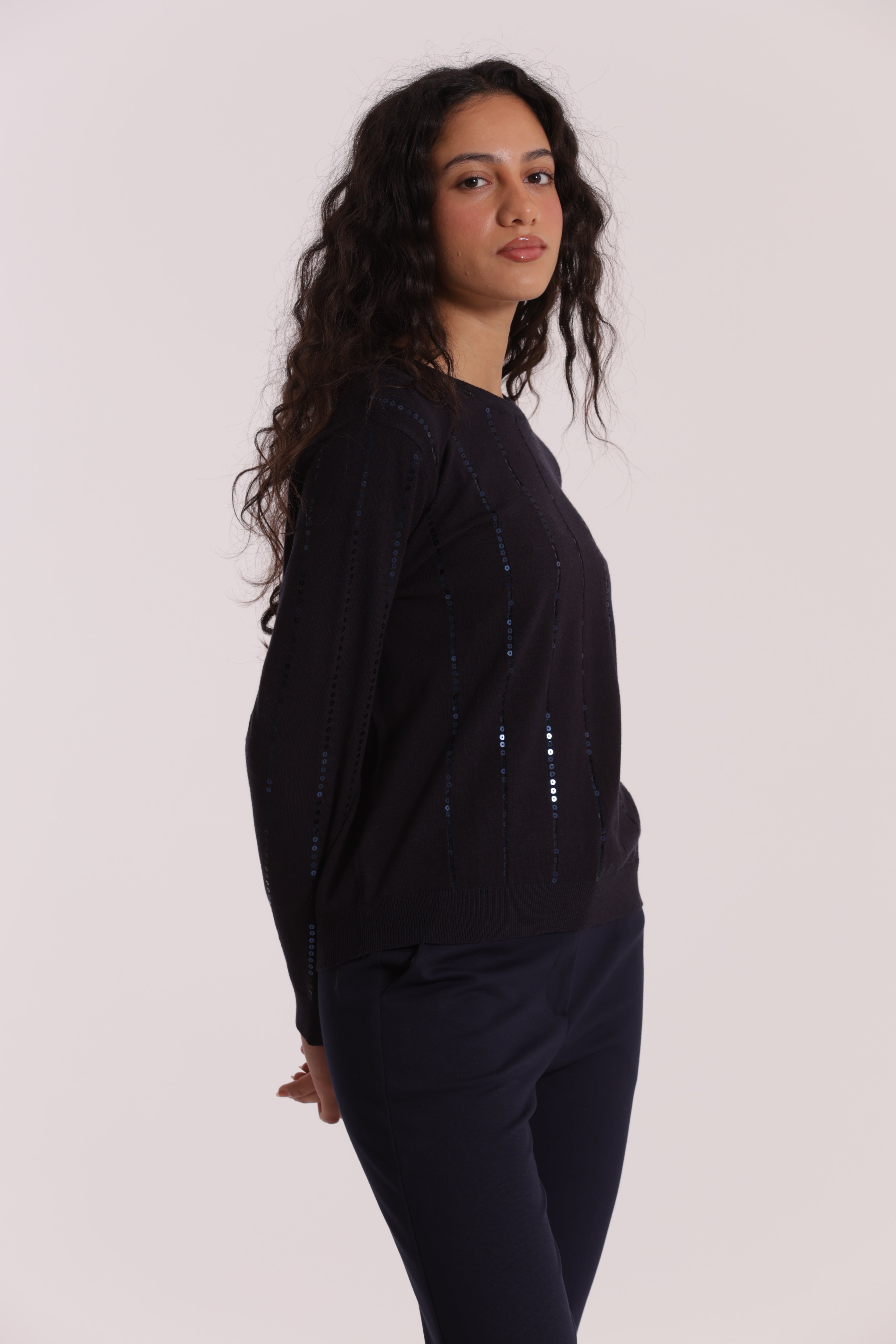 Mimi Mua Maglia Scollo Tondo Paillettes Nero