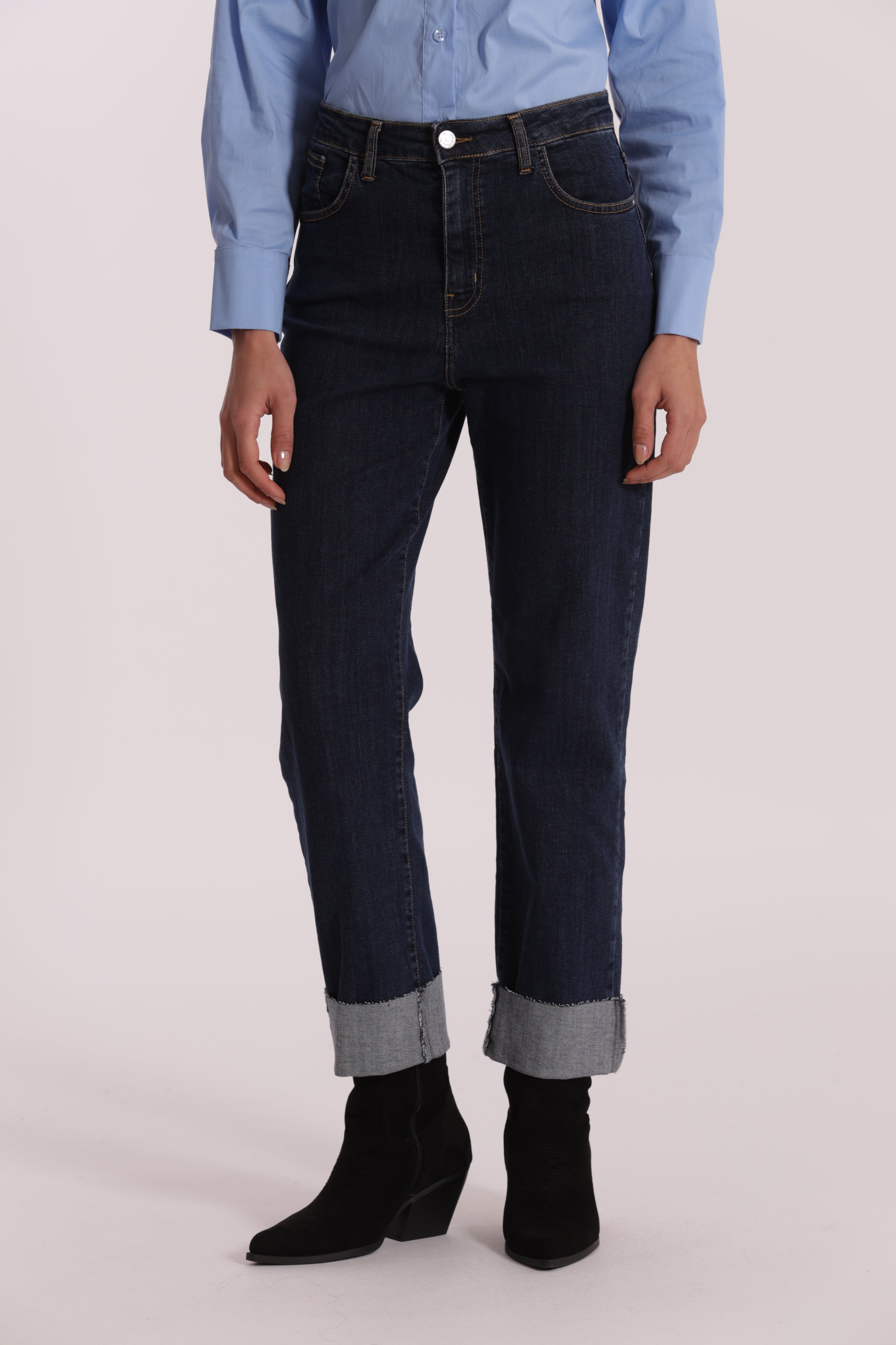 Mimi Mua jeans cropped con rivolto blu scuro cotone