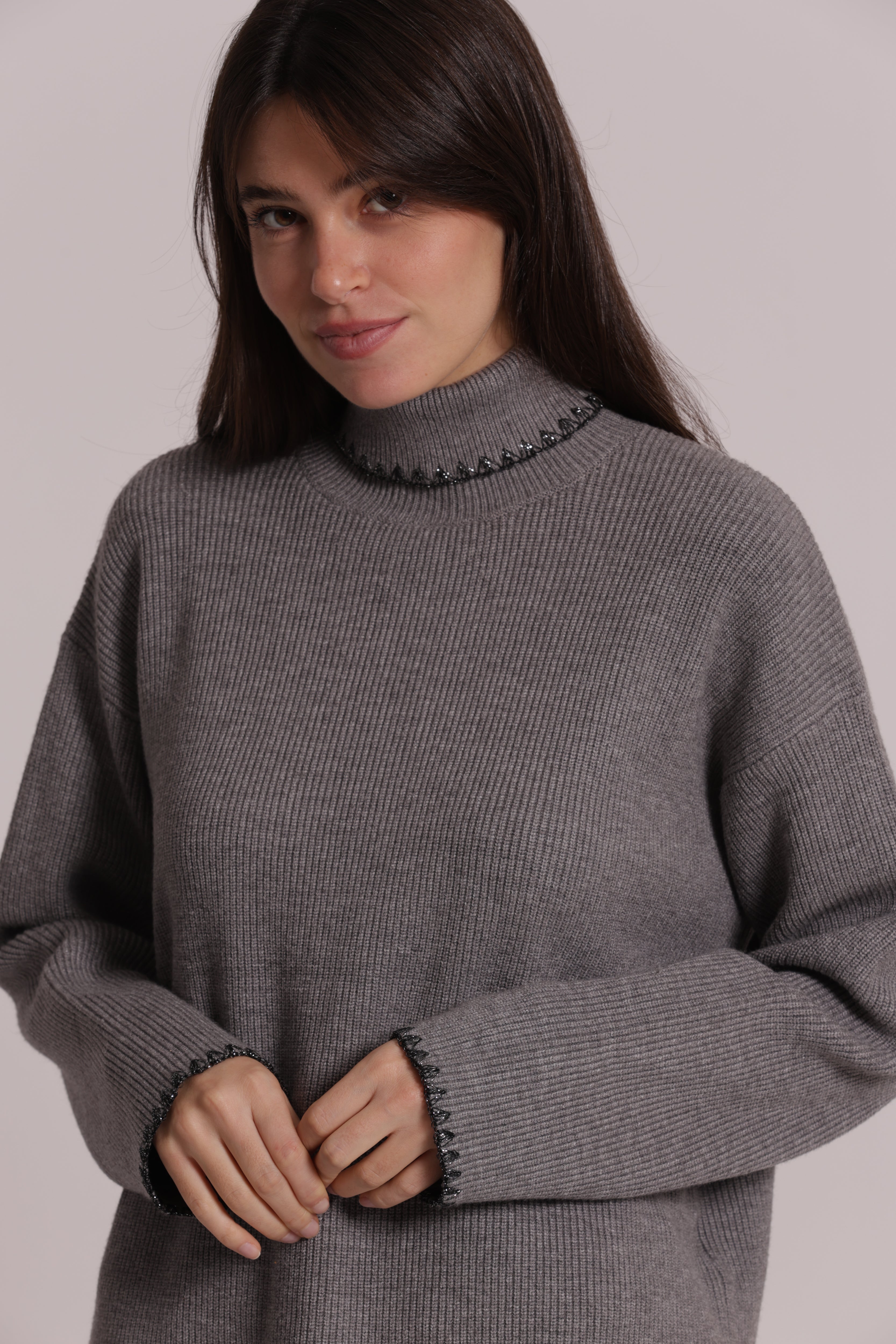 Mimi Mua Maglia Collo Alto Lurex Panna Elasticizzata