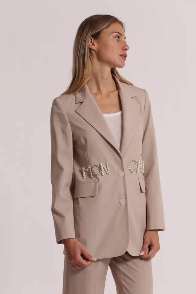 Mimi Mua giacca scritta frontale beige elasticizzata