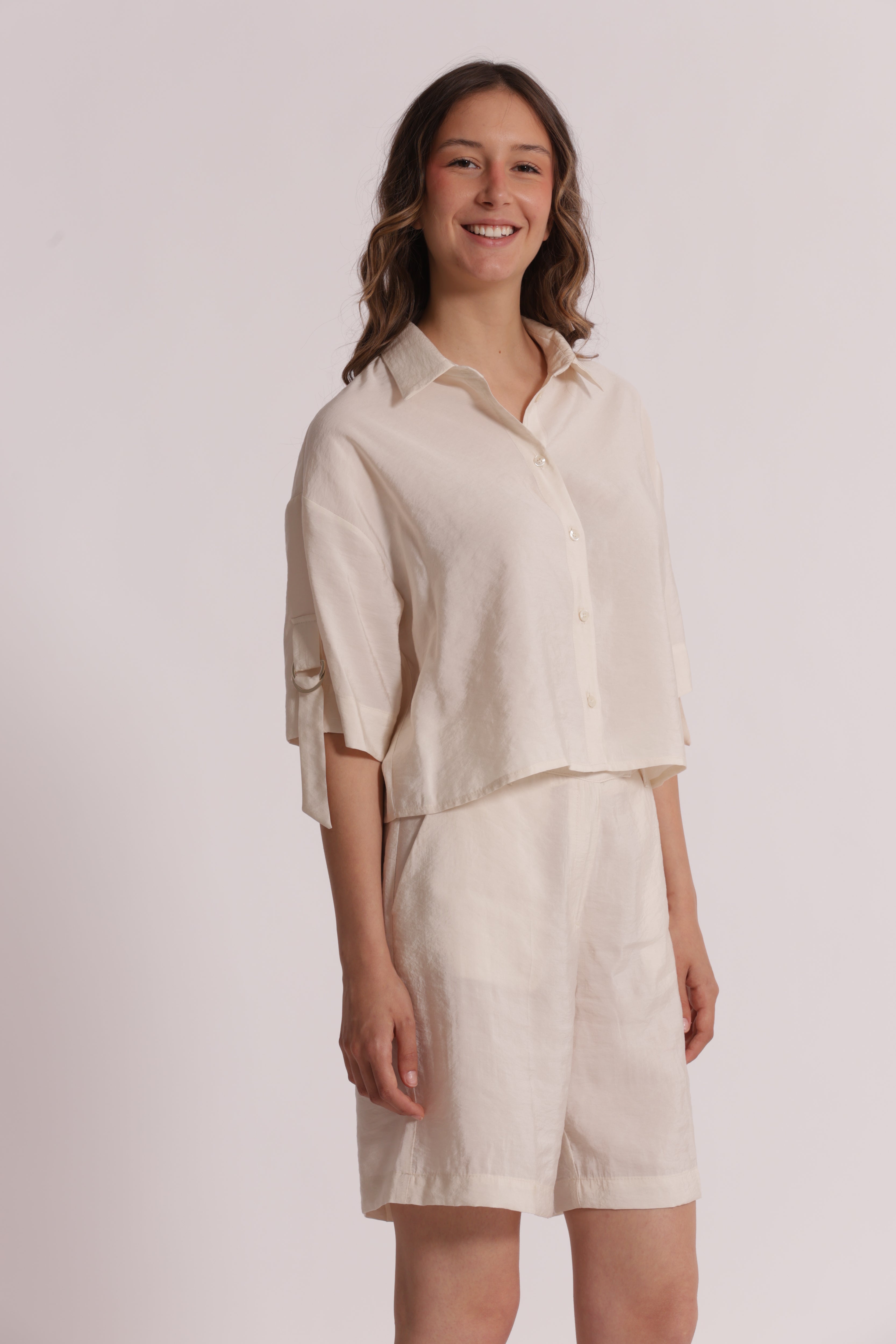 Mimi Mua Cropped Fibbie Modal Cupro Camicia Latte