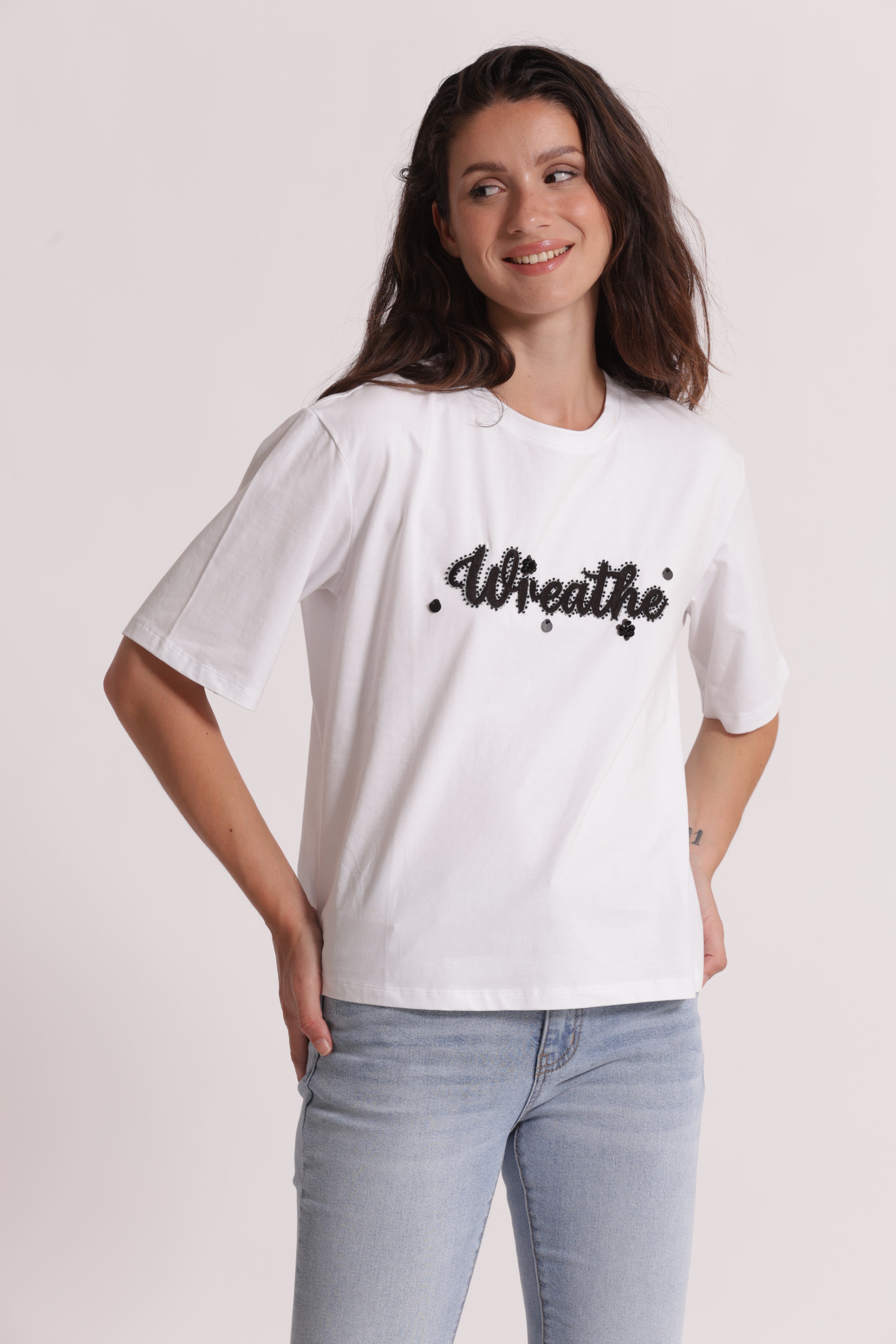 Mimi Mua Freedom t-shirt bianco con strass
