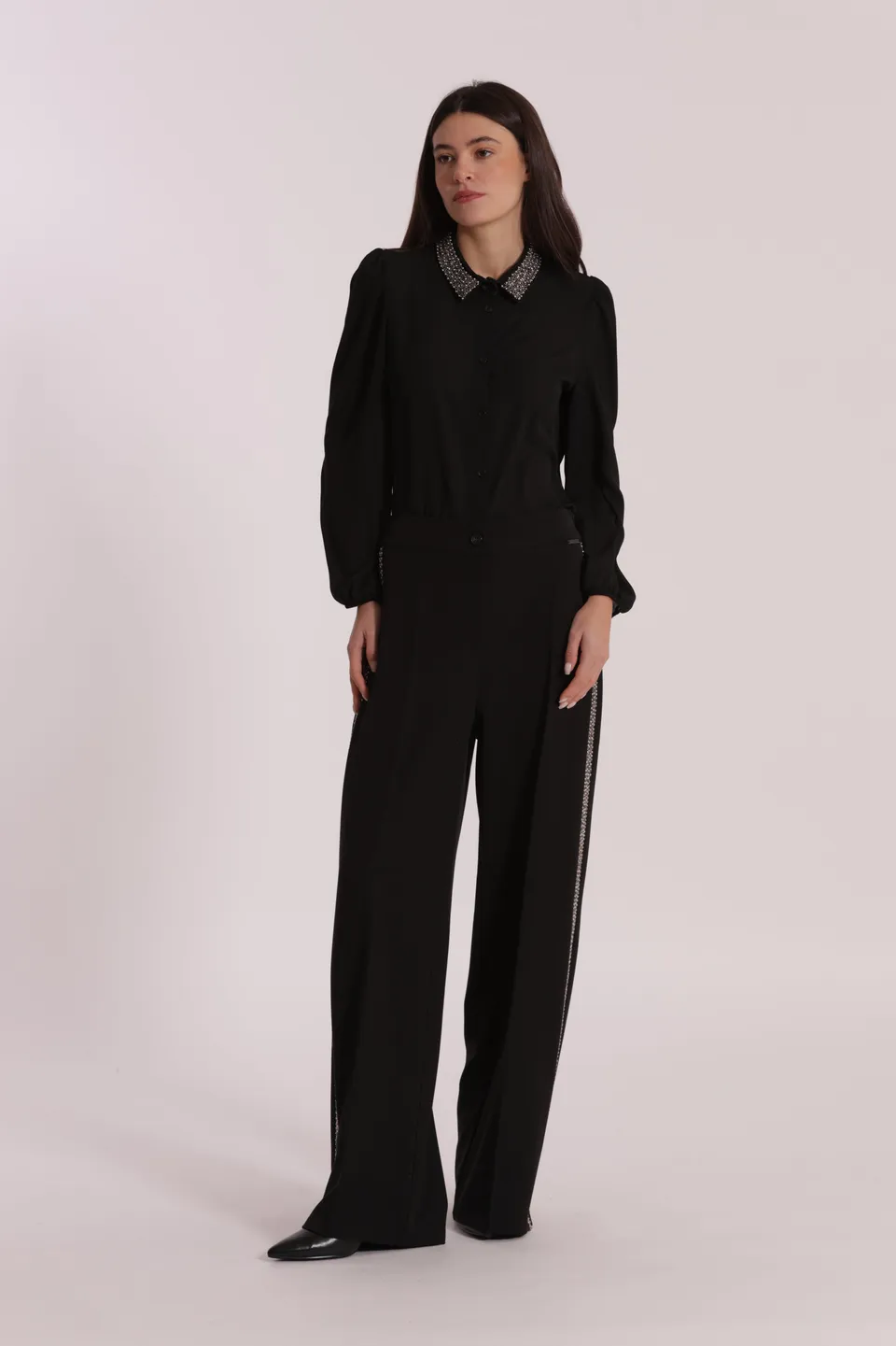 Mimi Mua Pantalone Palazzo Passamaneria Ricamata nero
