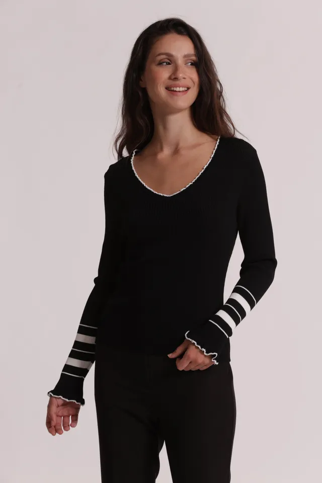 Mimi Mua Maglia Scollo V Bicolor maglia nero