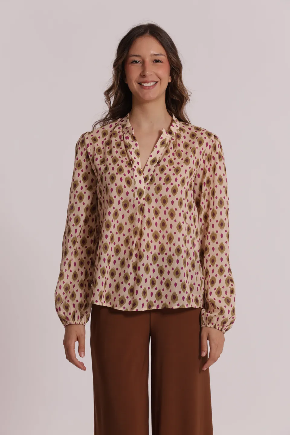 Mimi Mua Blusa Maniche Lunghe Rombi Beige Verde Cotone
