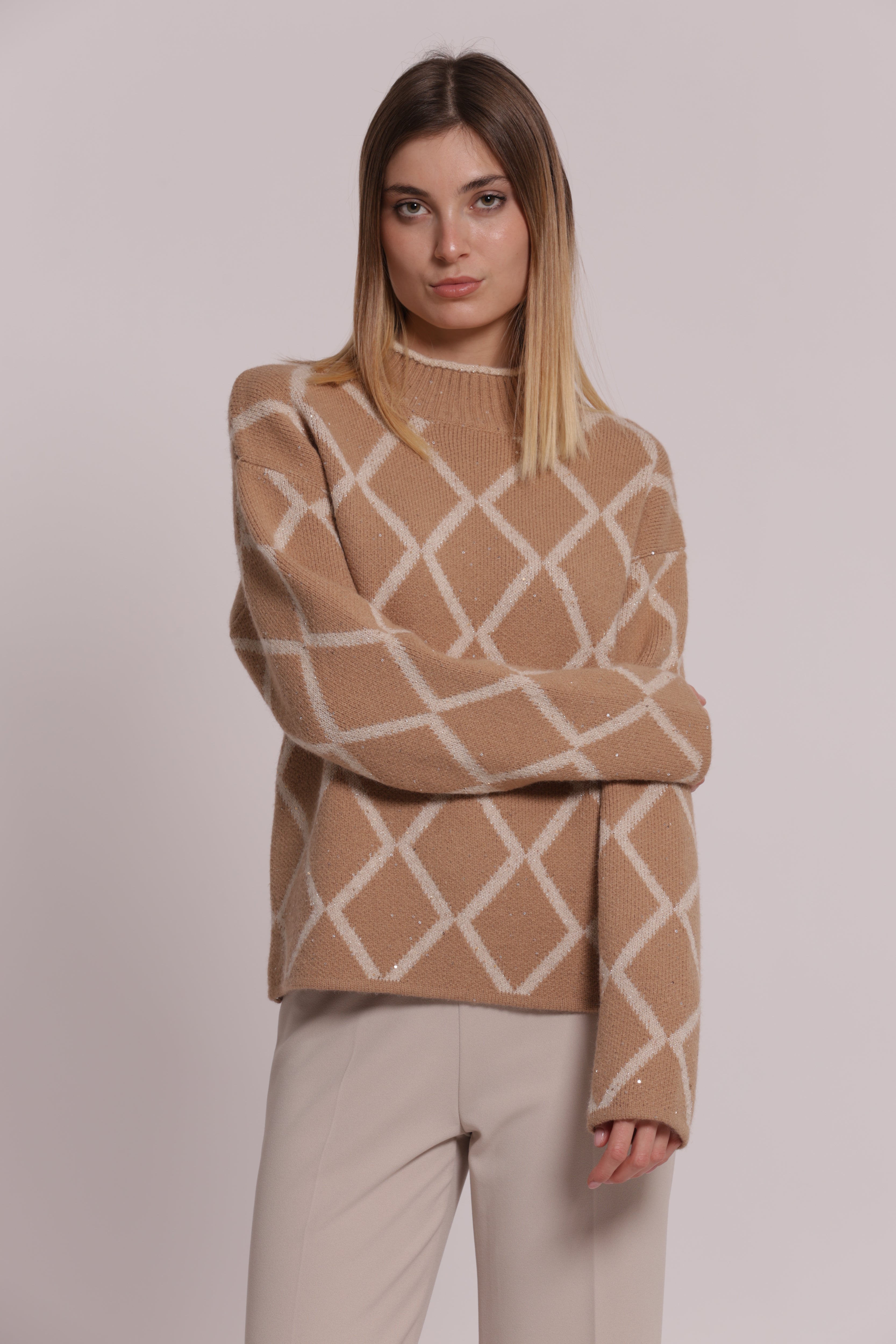 Mimi Mua Maglia Lupetto Paillettes Beige collo alto