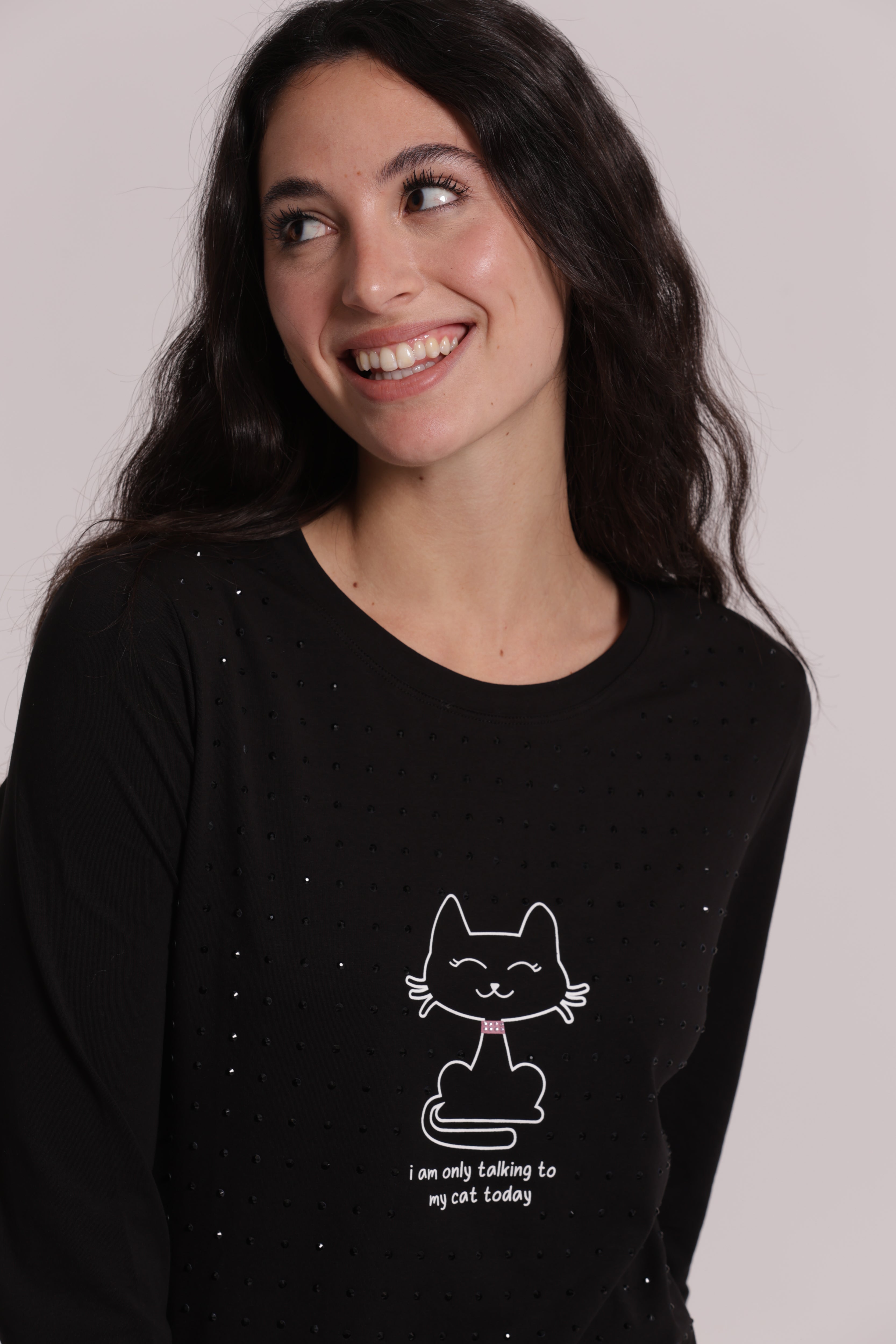 Mimi Mua T-Shirt Maniche Lunghe Gatto Strass Bianco