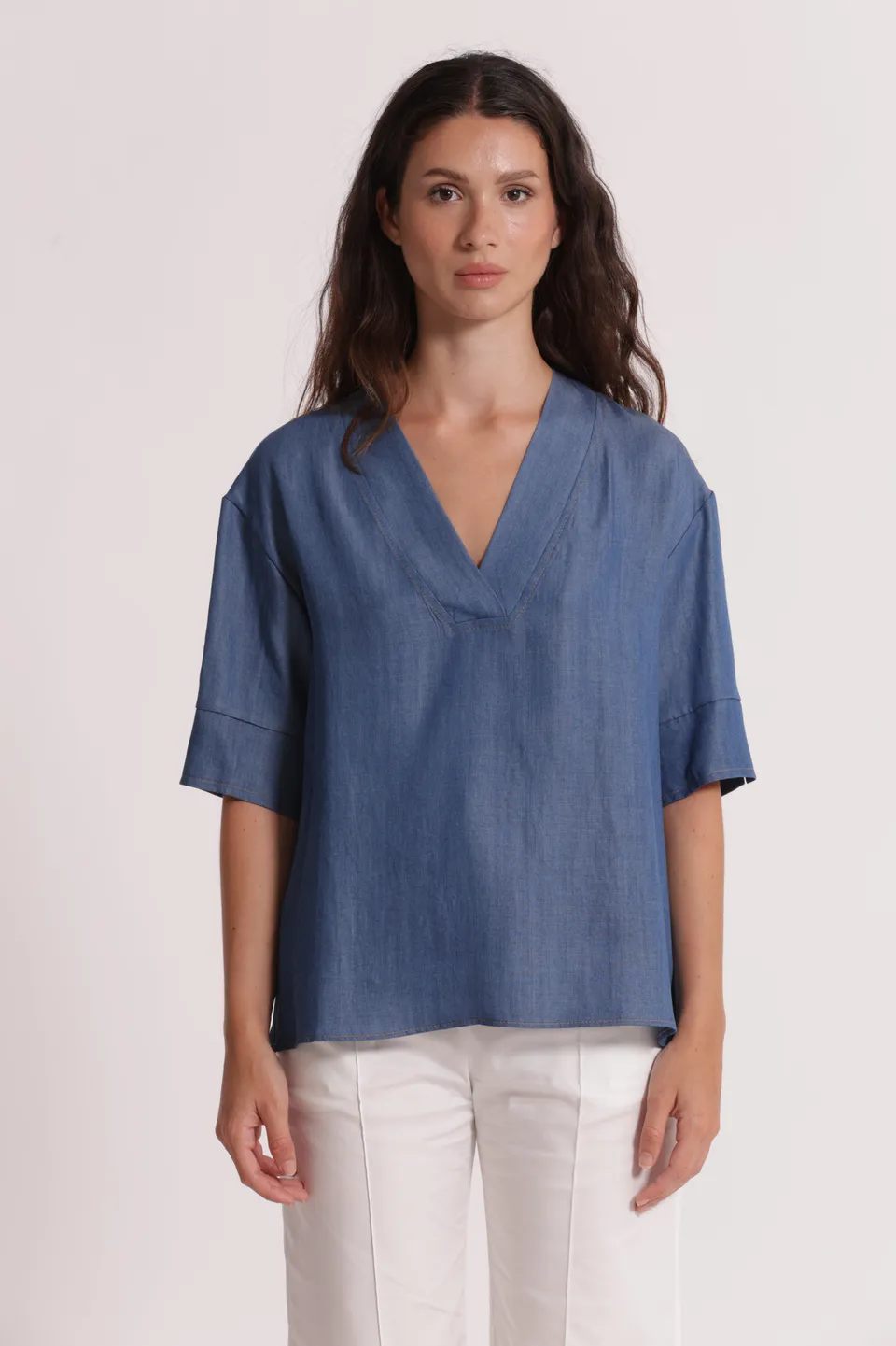 Mimi Mua Blusa Maniche Corte Denim Lyocell