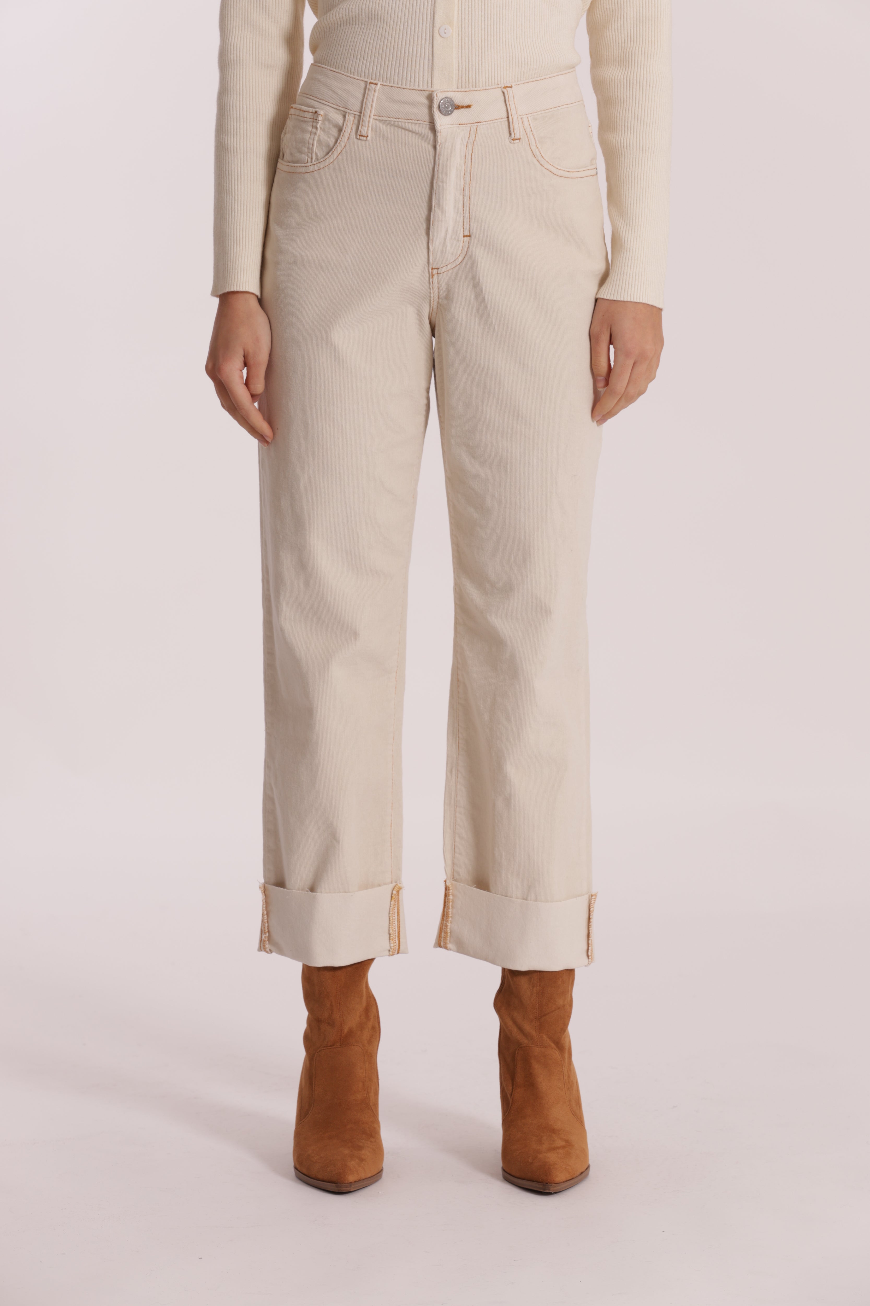 Mimi Mua Pantalone Cropped Velluto a Coste Panna