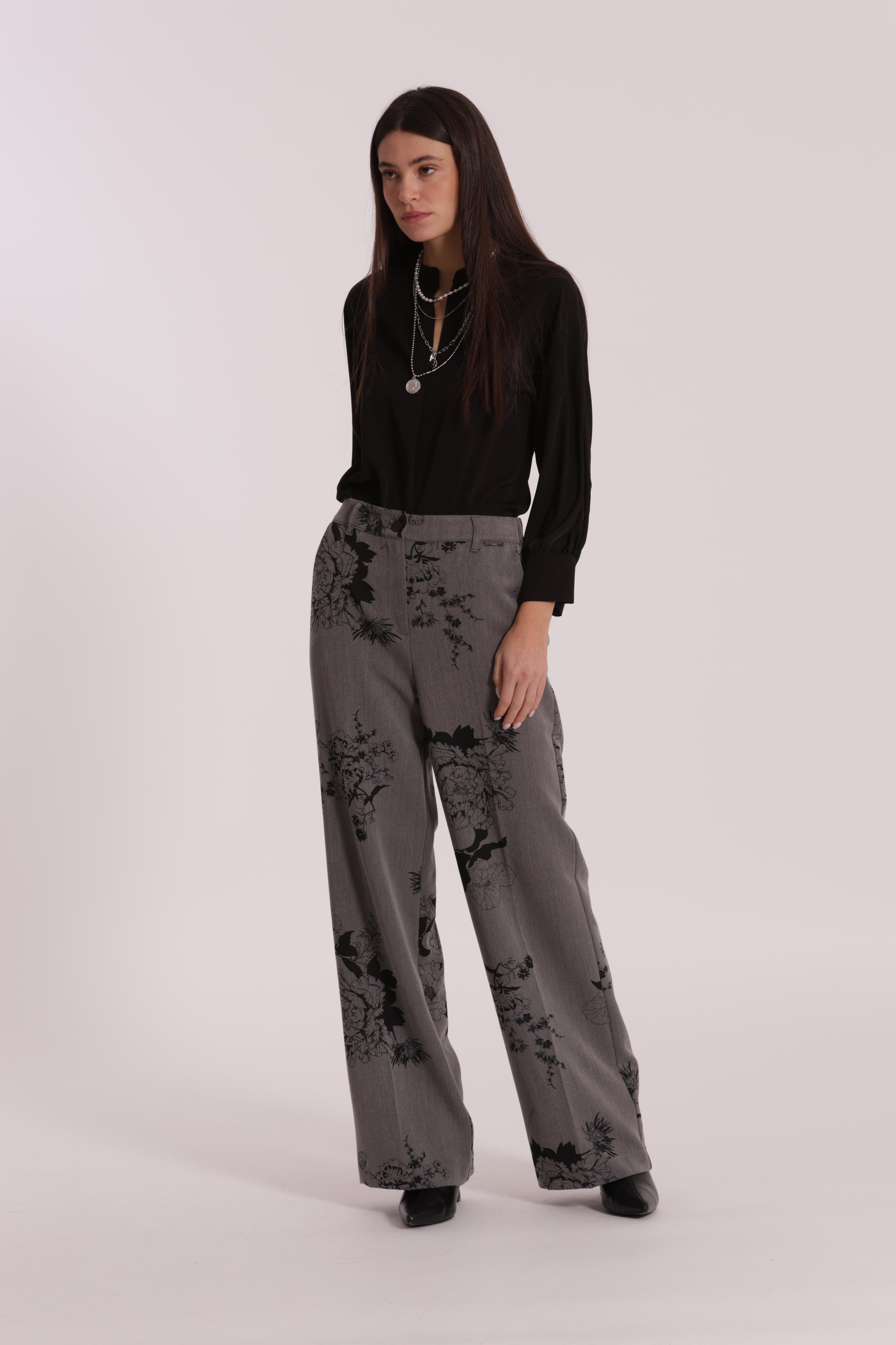Mimi Mua Pantalone Palazzo Stampa Floreale Grigio