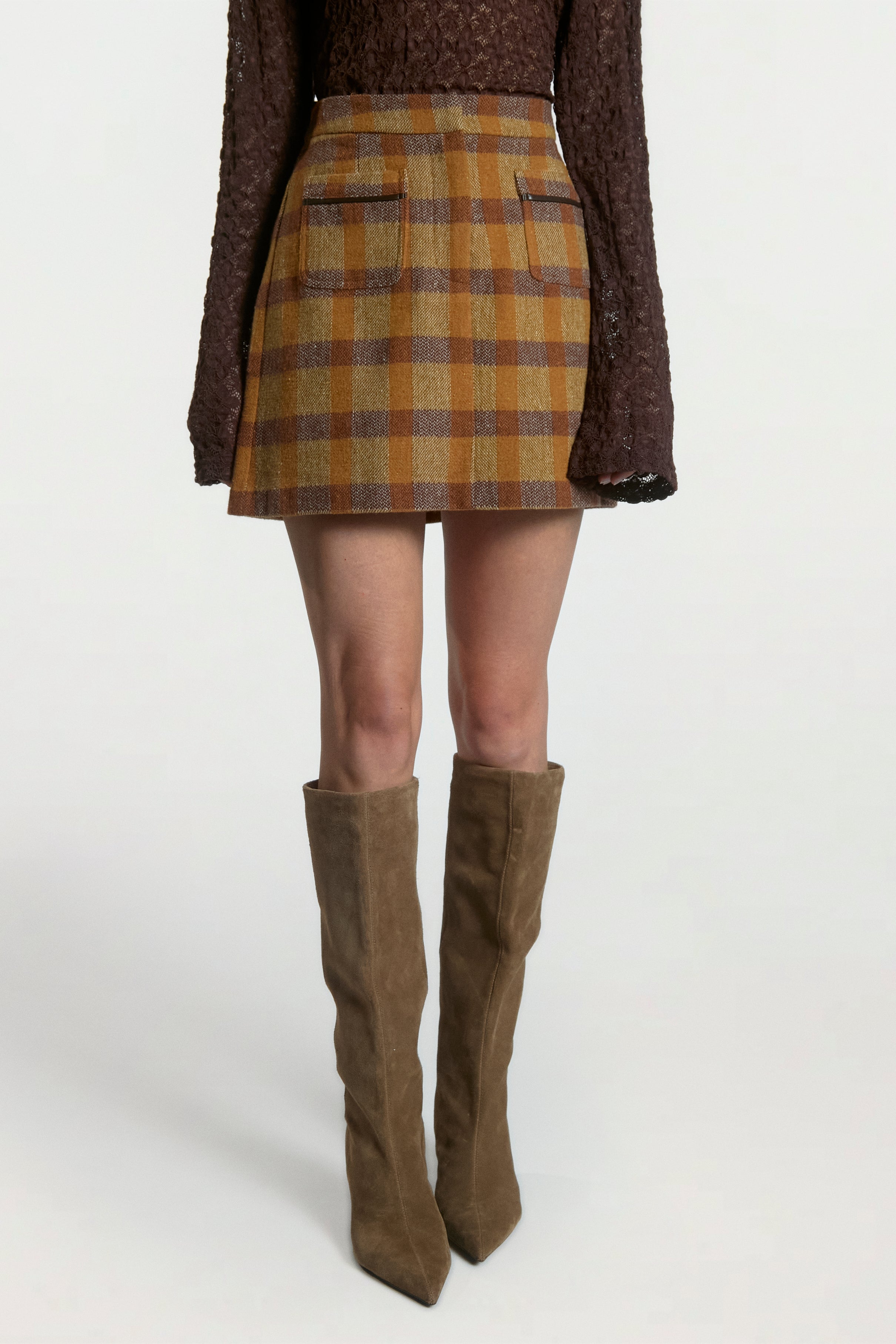 Aaiko Nasla gonna scozzese caramel tweed