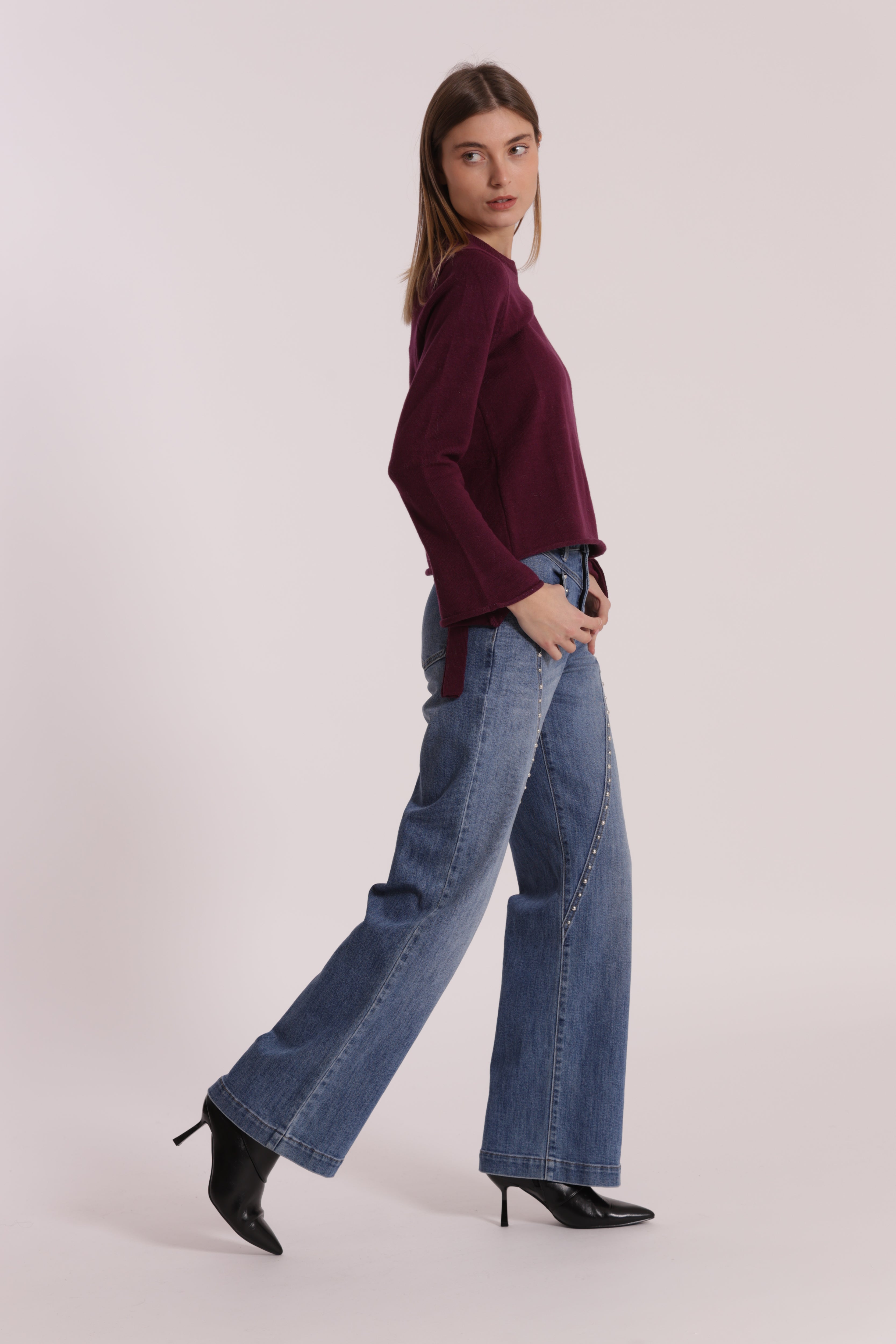 Mimi Mua jeans wide leg borchie blu medio