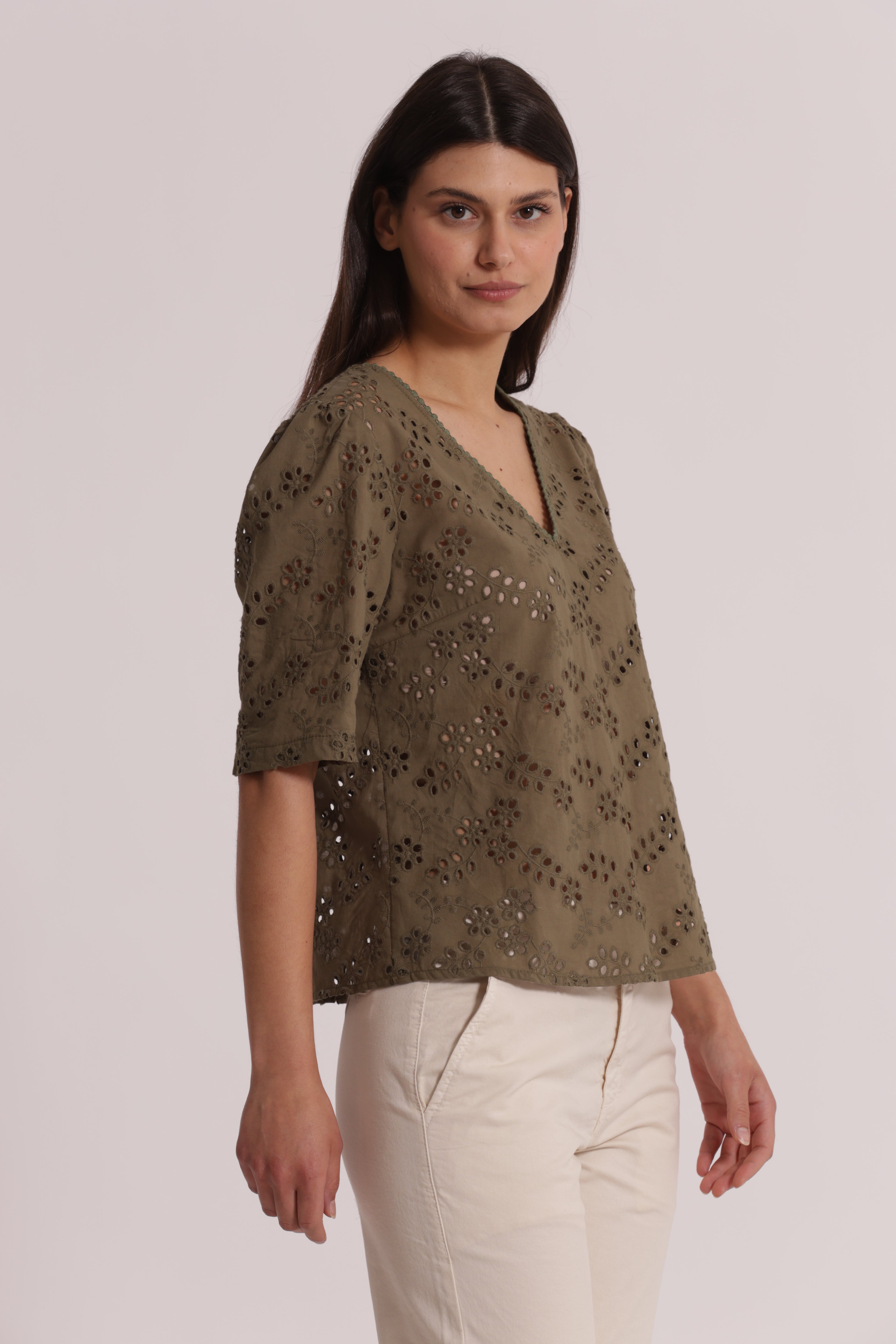 Mimi Mua blusa scollo V sangallo bianco cotone