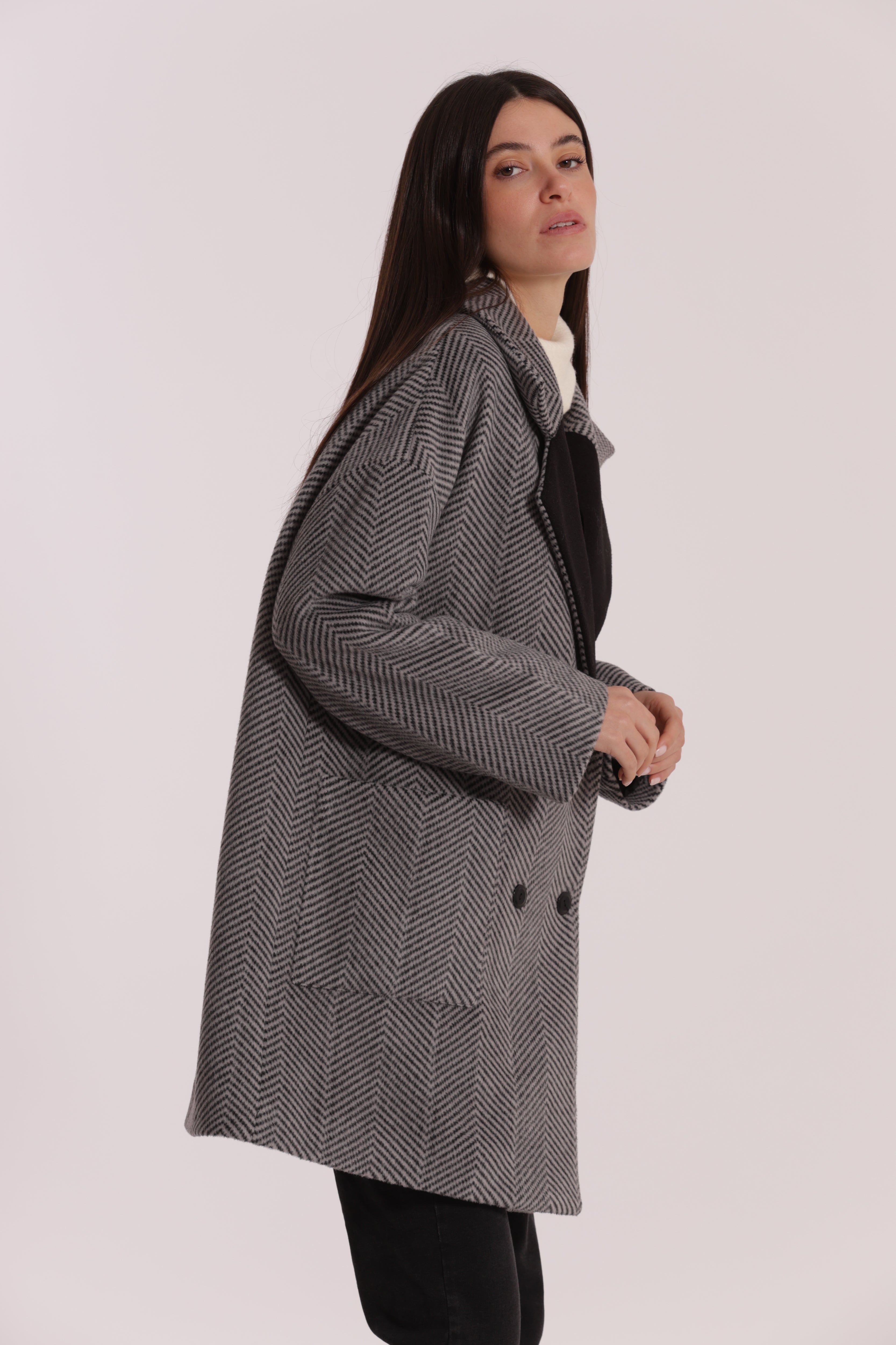 Mimi Mua Cappotto Over Spigato Nero Grigio