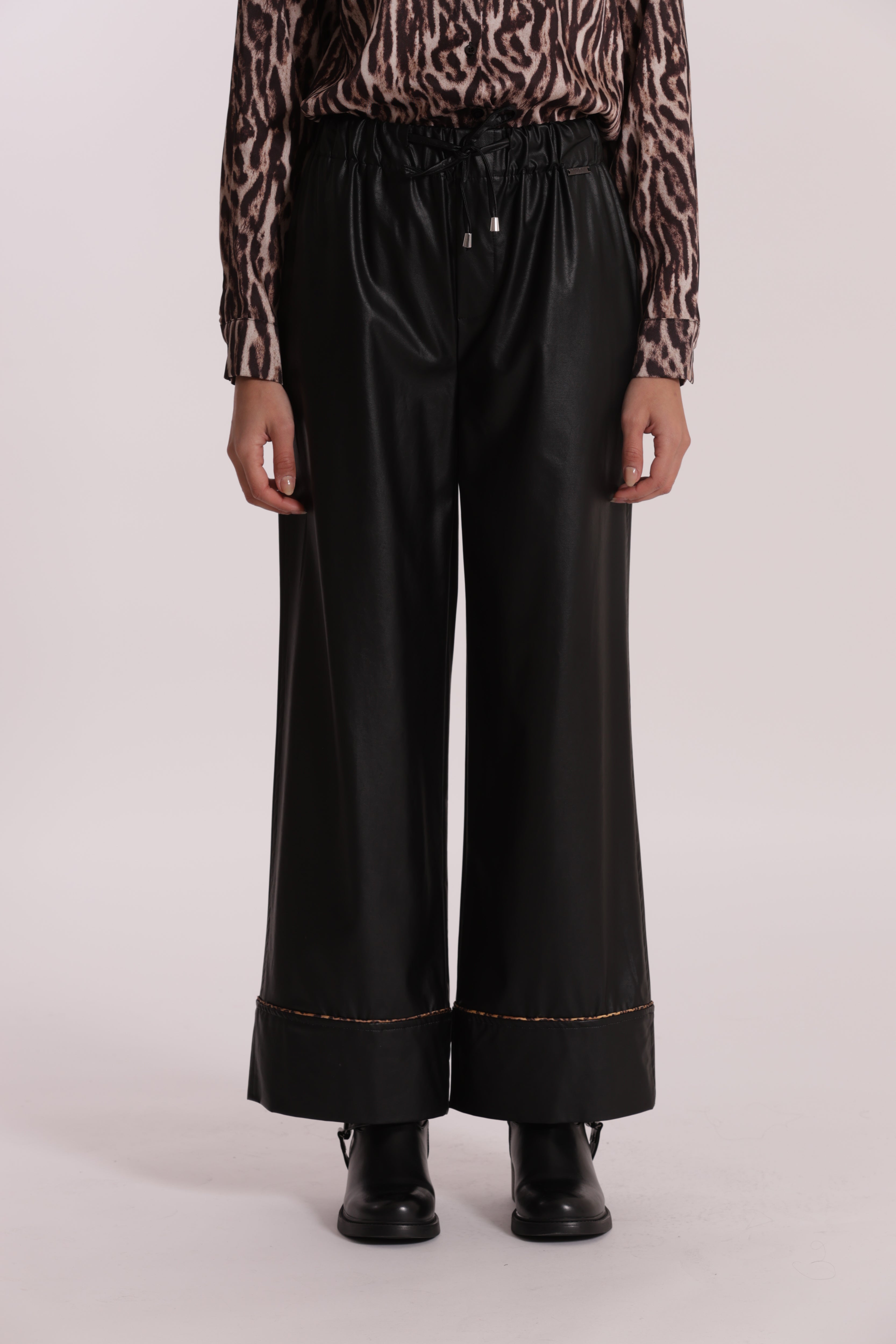 Mimi Mua Pantalone Palazzo Simil Pelle Nero Animalier