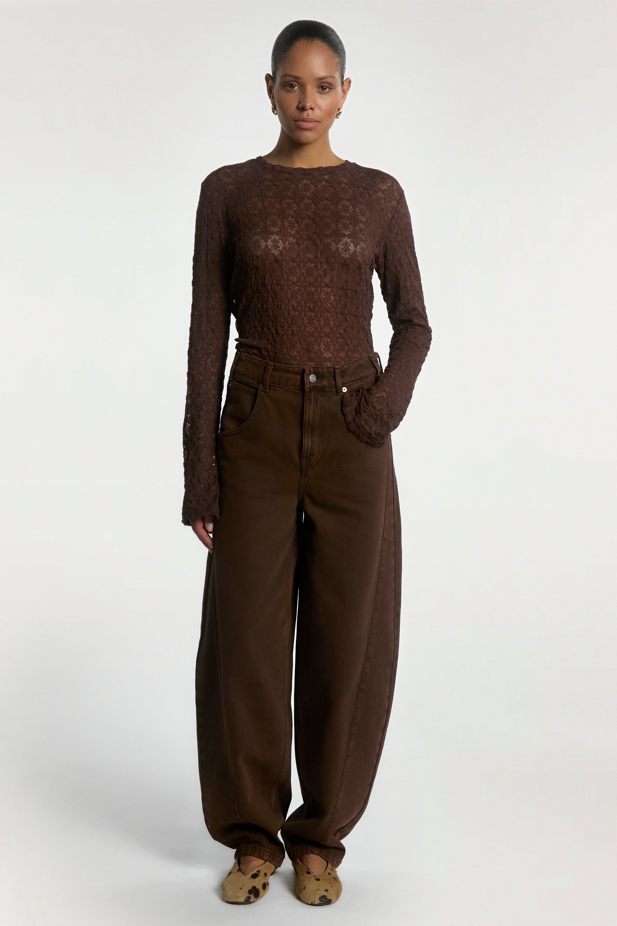 Aaiko Mason top pizzo marrone scuro semitrasparente