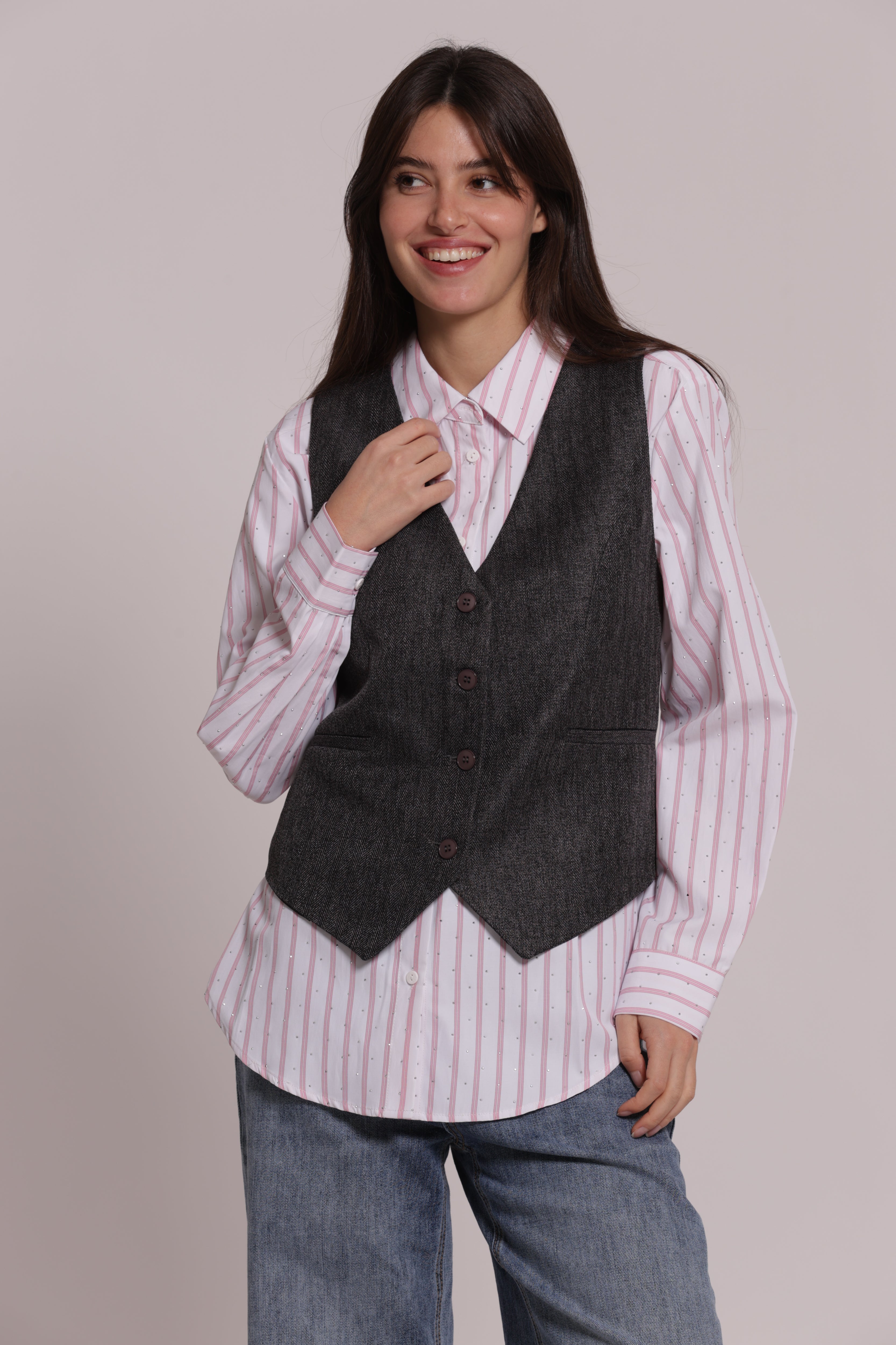 Mimi Mua gilet tweed a spiga di pesce giacca moro