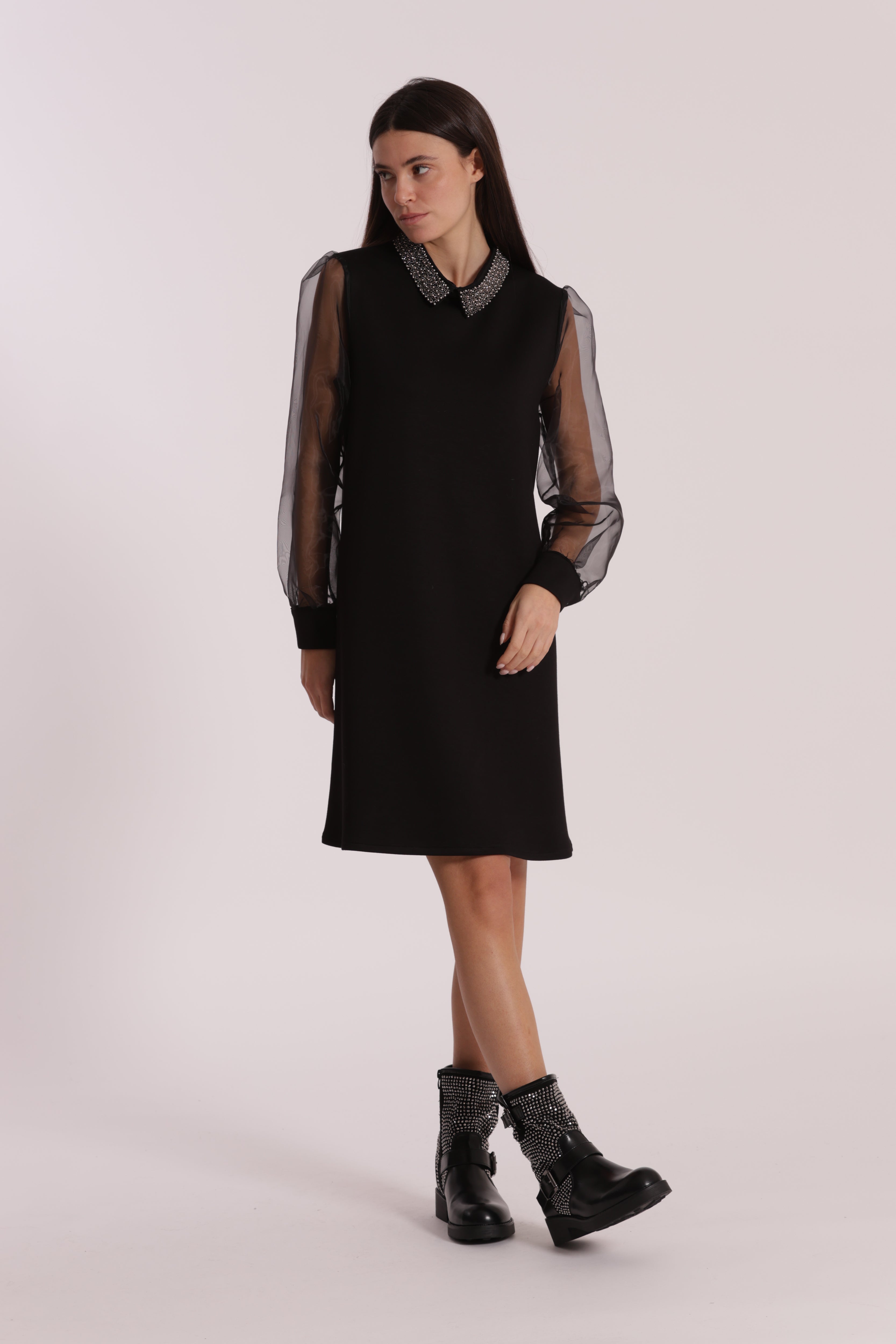 Mimi Mua Abito Corto Organza Nero Colletto Ricamato