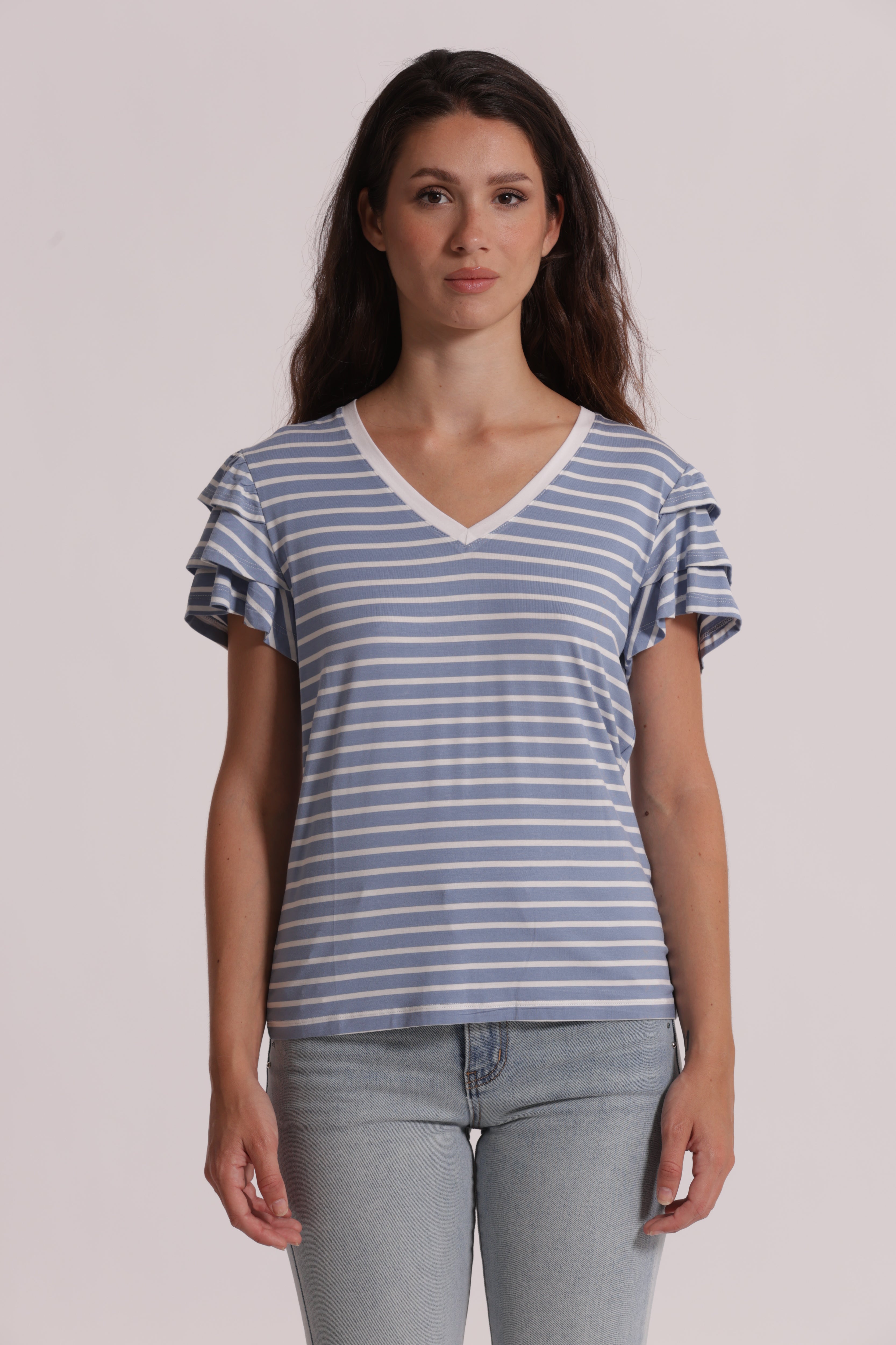 Mimi Mua T-Shirt Righe Maniche Volant Nero/Bianco Cotone