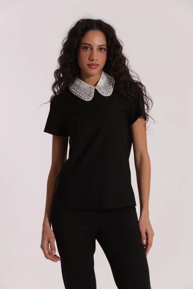Mimi Mua con Colletto Decorato T-Shirt Bianco Cotone