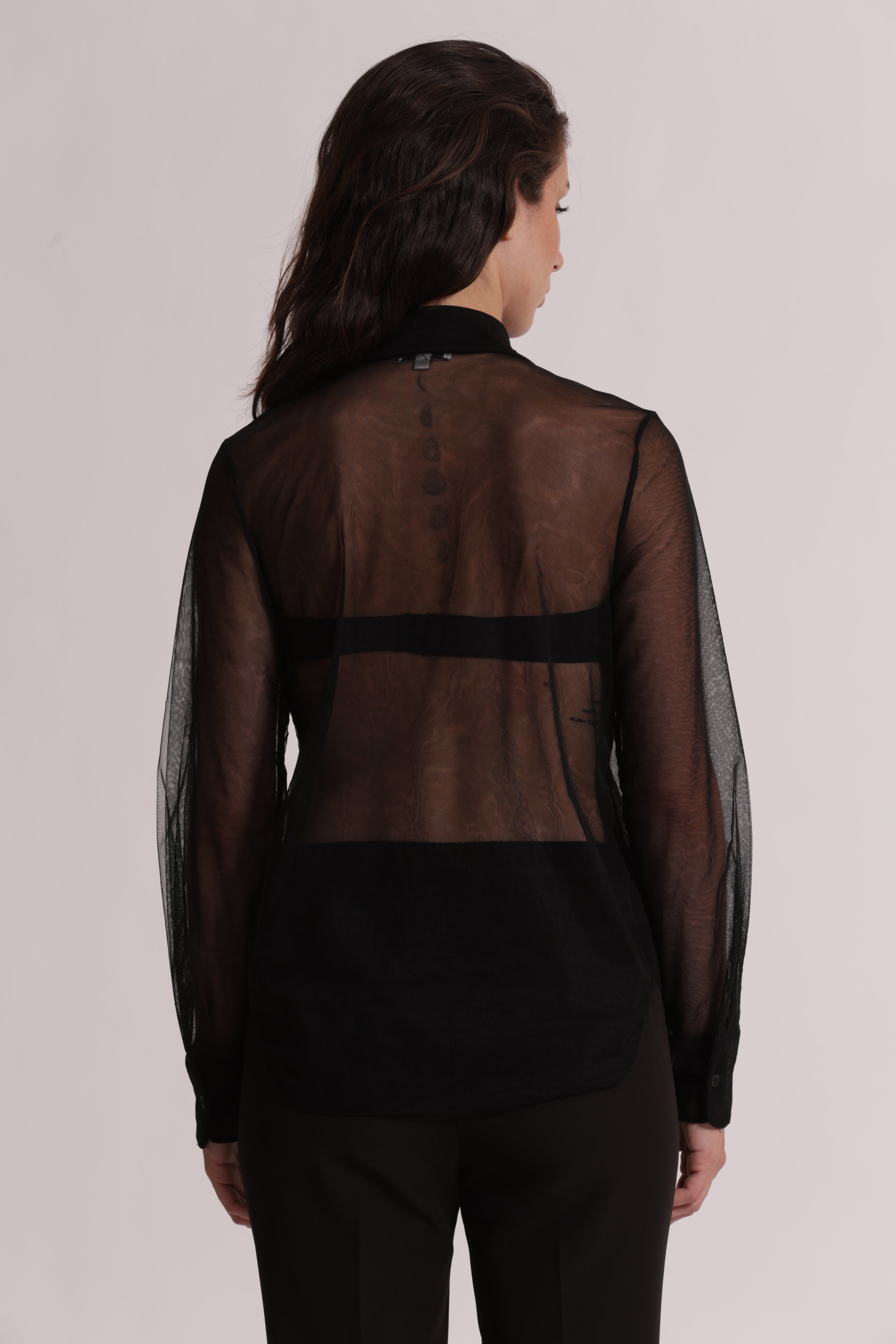Mimi Mua Camicia Tulle Trasparente Perline Nero