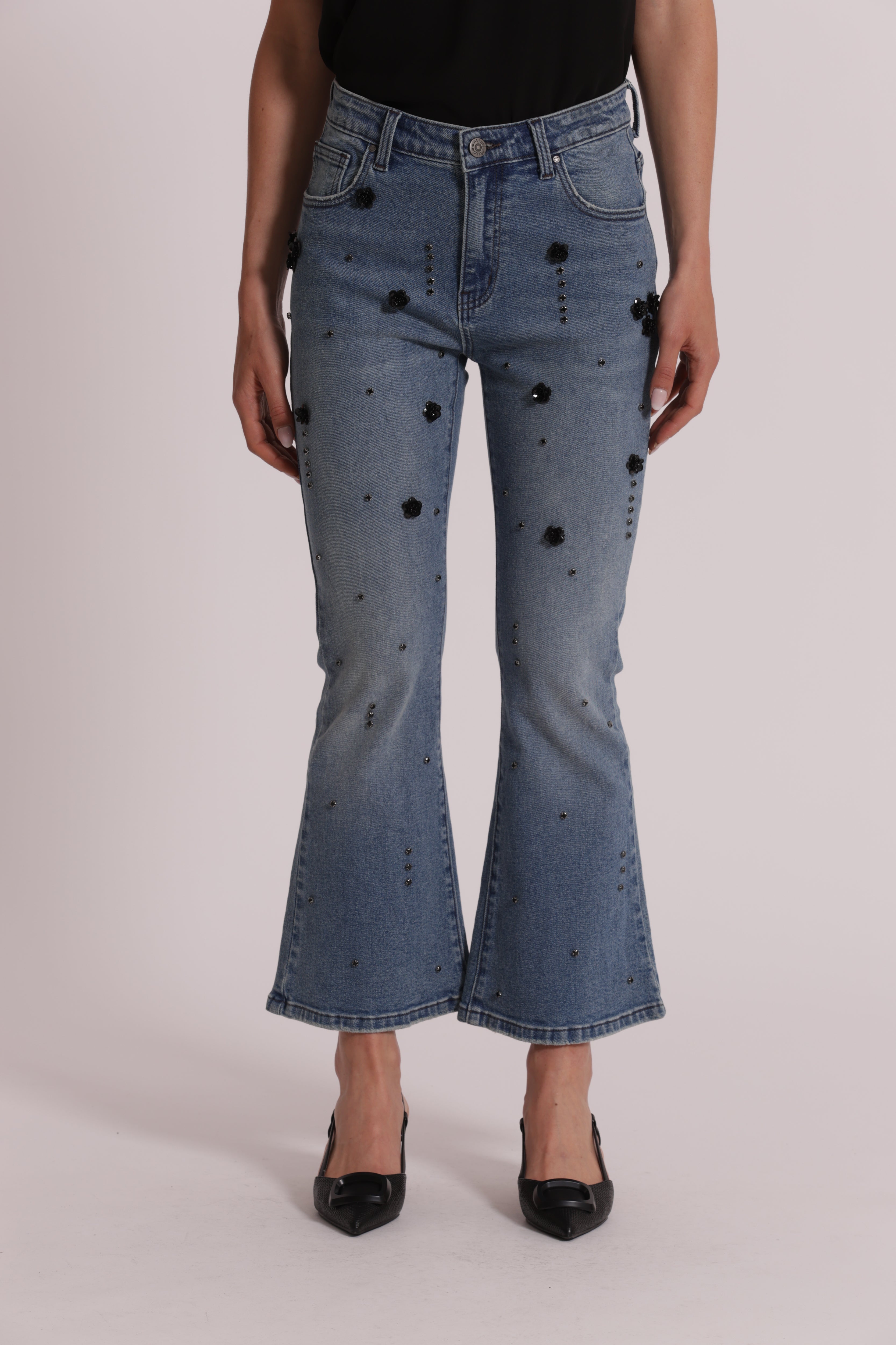 Mimi Mua Flare con Applicazioni Floreali Jeans Blu Medio