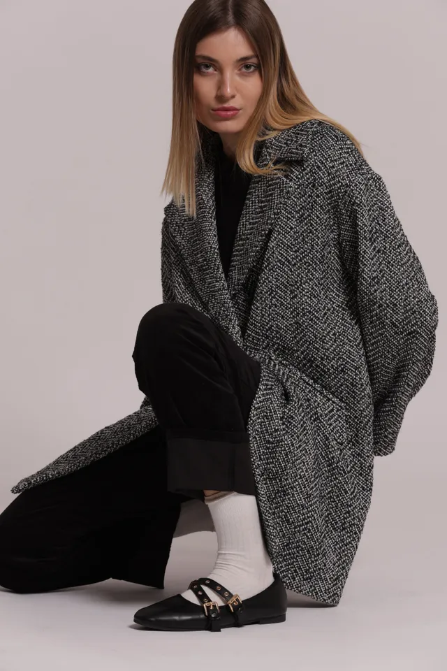 Mimi Mua Over Cappotto Spigato Nero/Bianco
