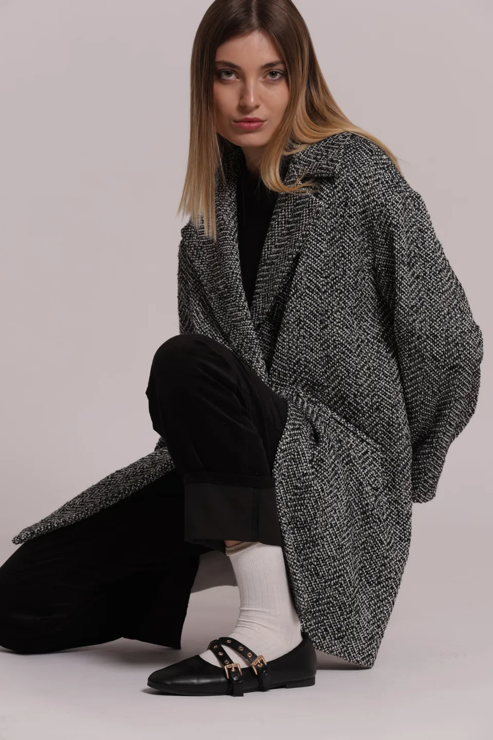 Mimi Mua Over Cappotto Spigato Nero/Bianco