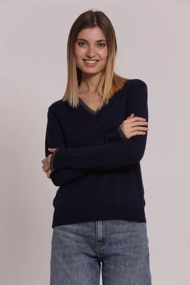 Mimi Mua Maglia Scollo V Dettagli Bicolor Nera elegante