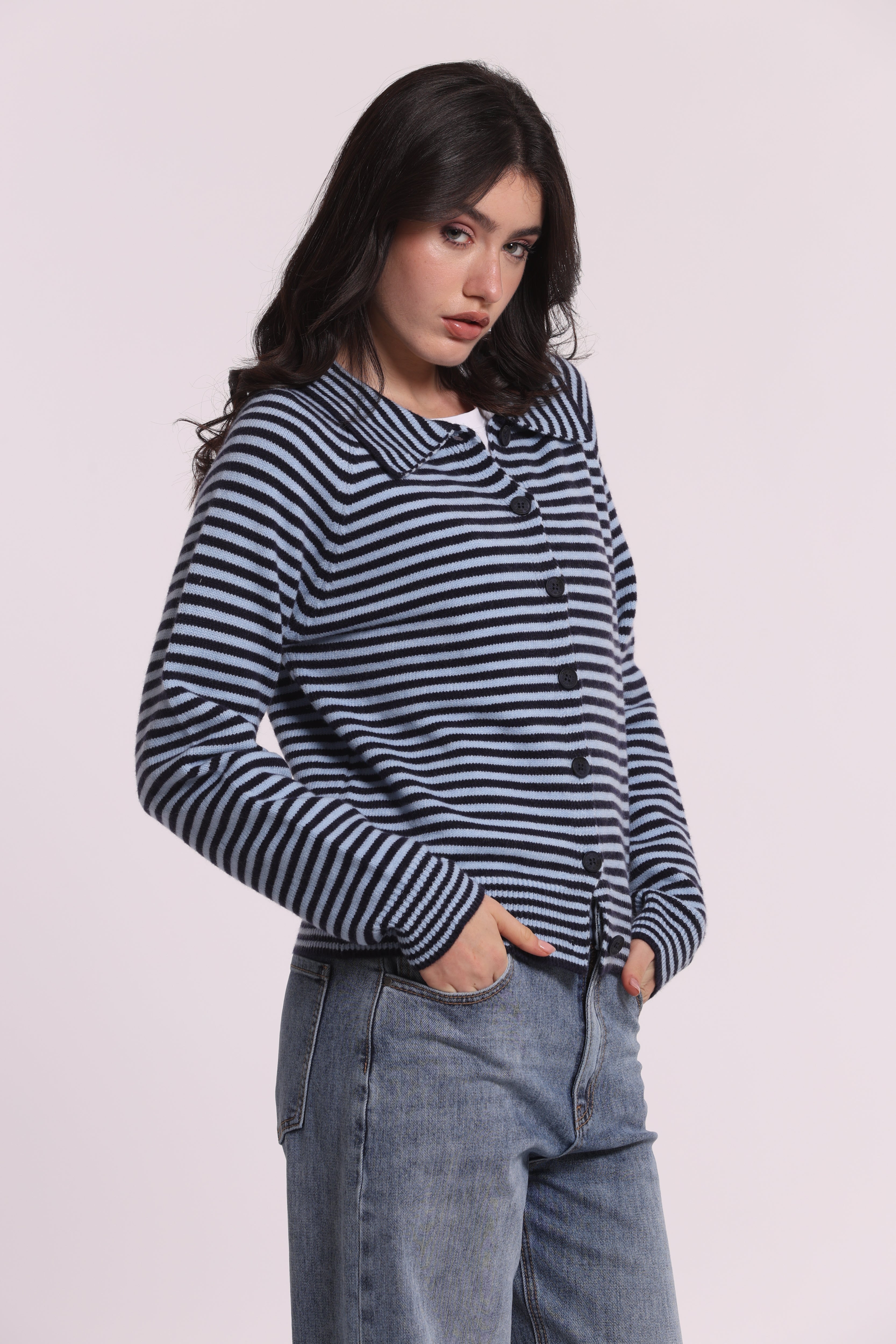 Mimi Mua Maglia Cardigan a Righe moro con lana