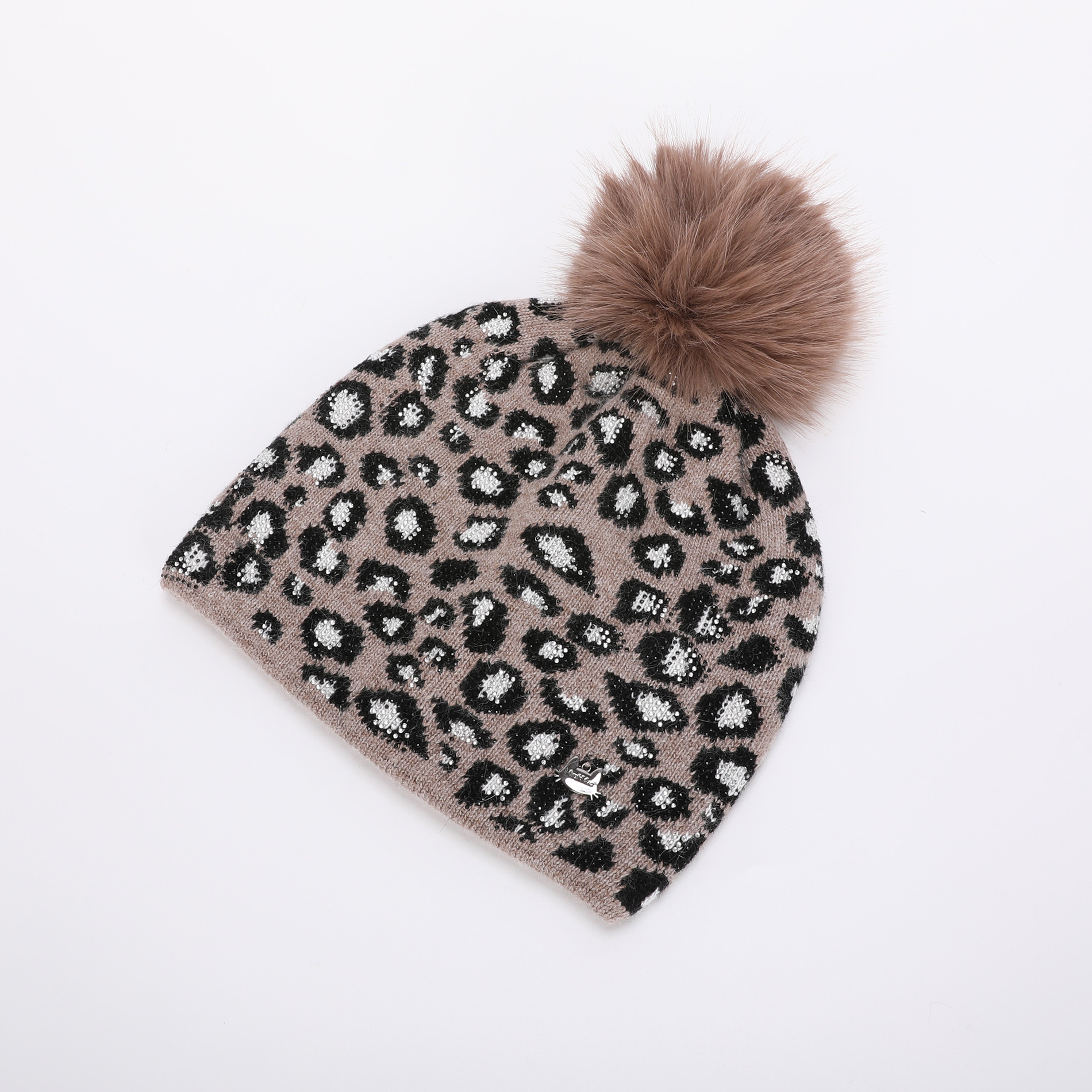 Mimi Mua Berretto Leopardato Strass Pon Pon Nero