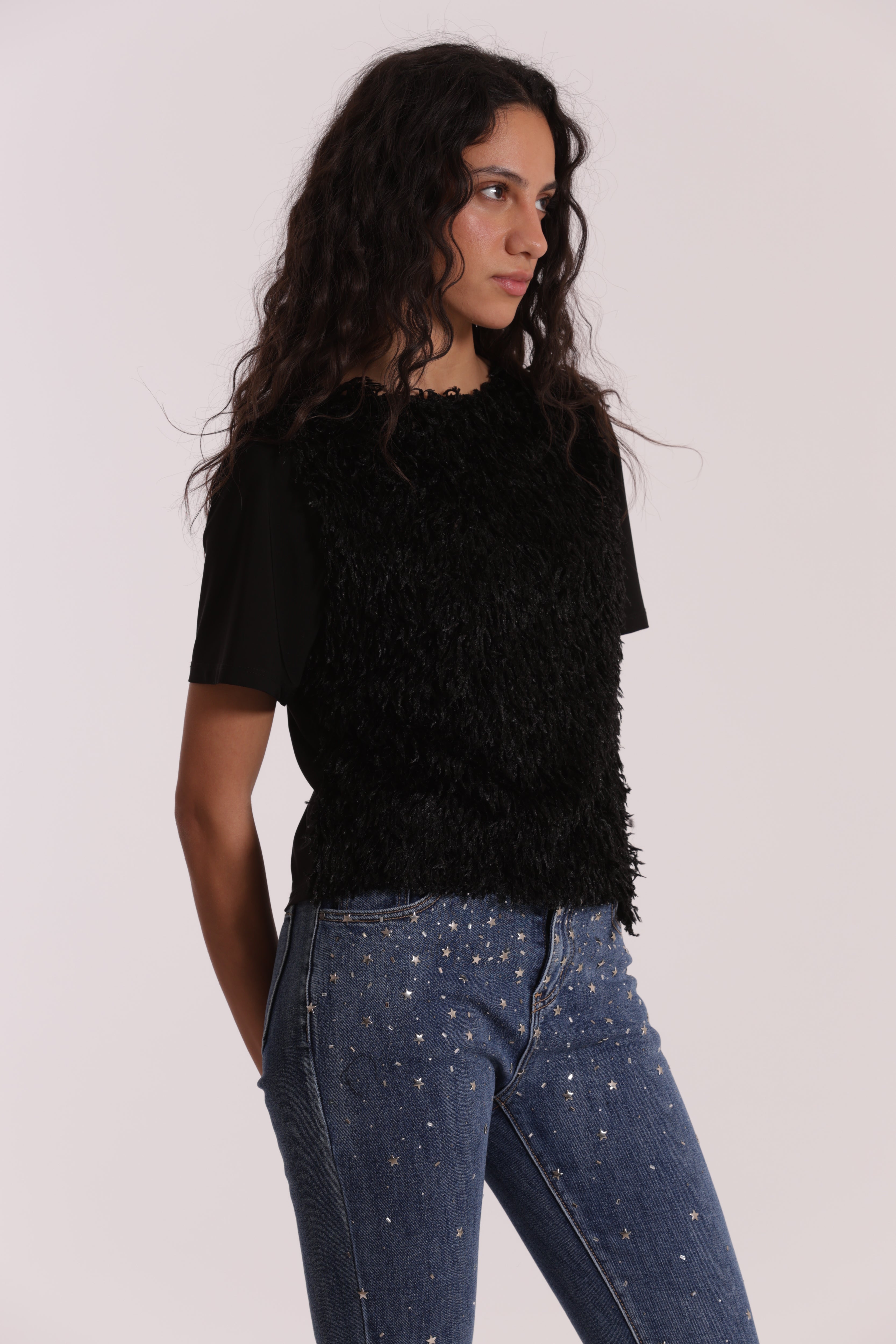 Mimi Mua t-shirt frange increspate nera poliestere