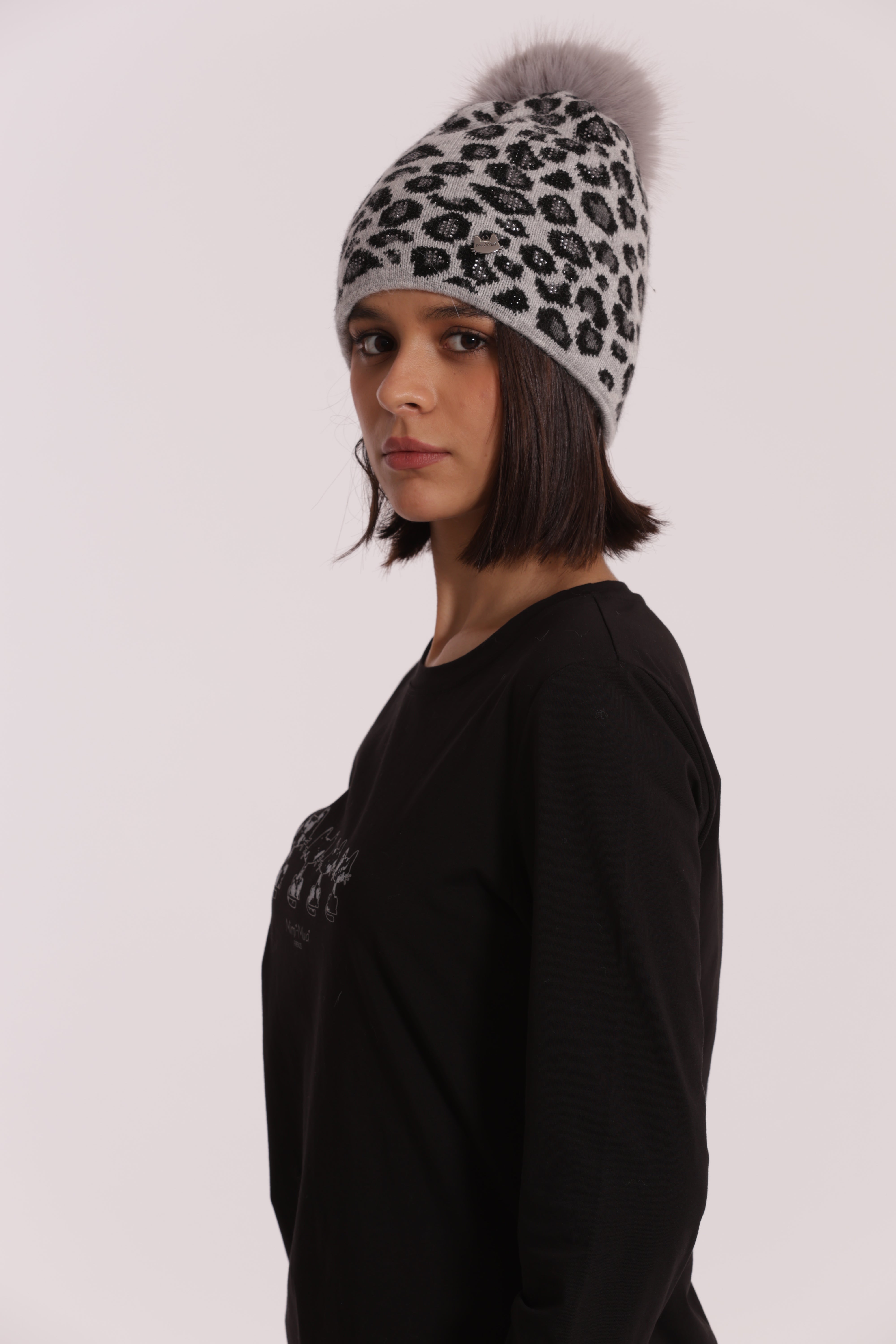 Mimi Mua Berretto Leopardato Strass Pon Pon Nero
