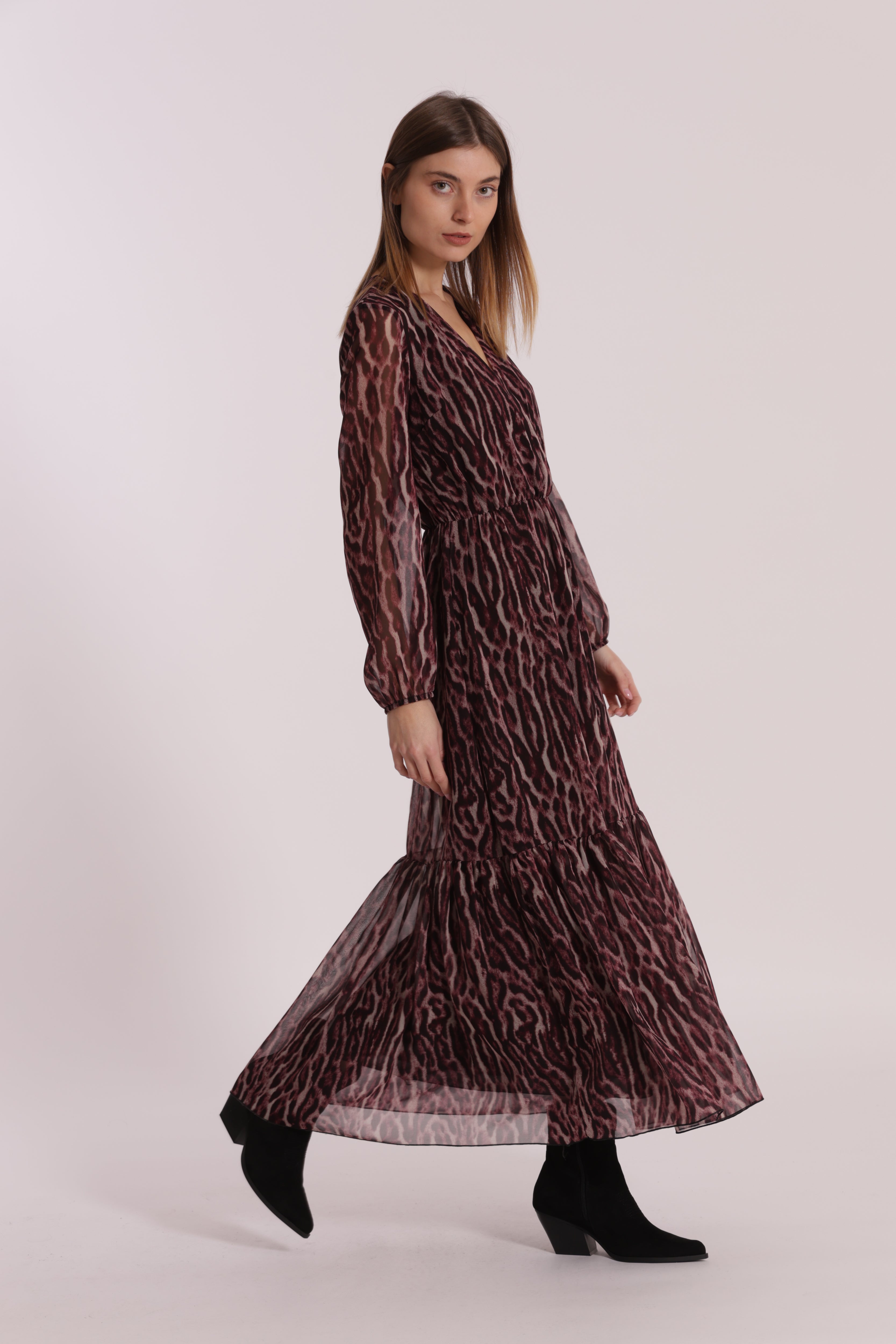 Mimi Mua Fantasia Animalier abito lungo burgundy fluido