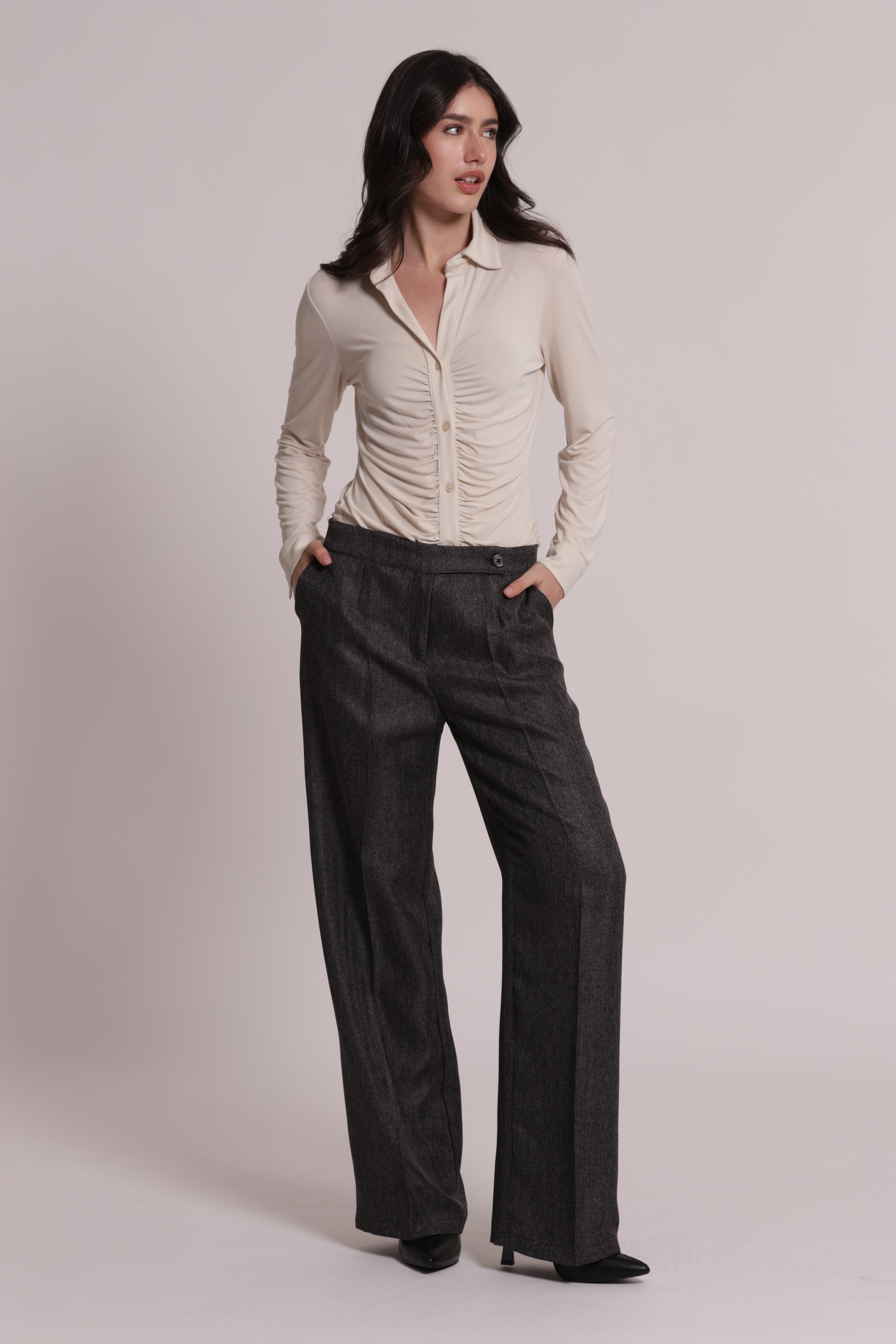 Mimi Mua Pantalone Palazzo Tweed Spigato Moro