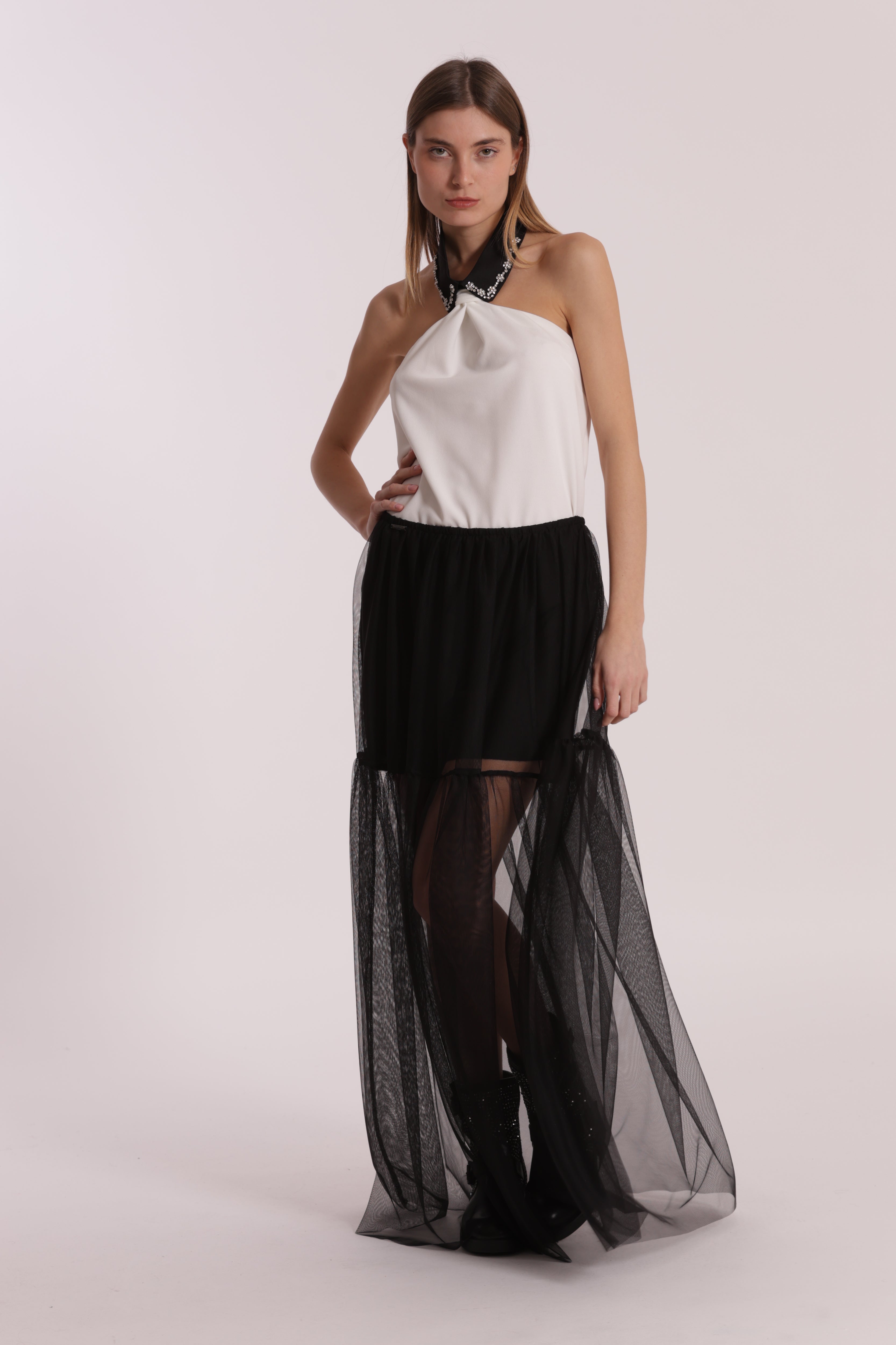 Mimi Mua Top con Colletto di Strass elasticizzato