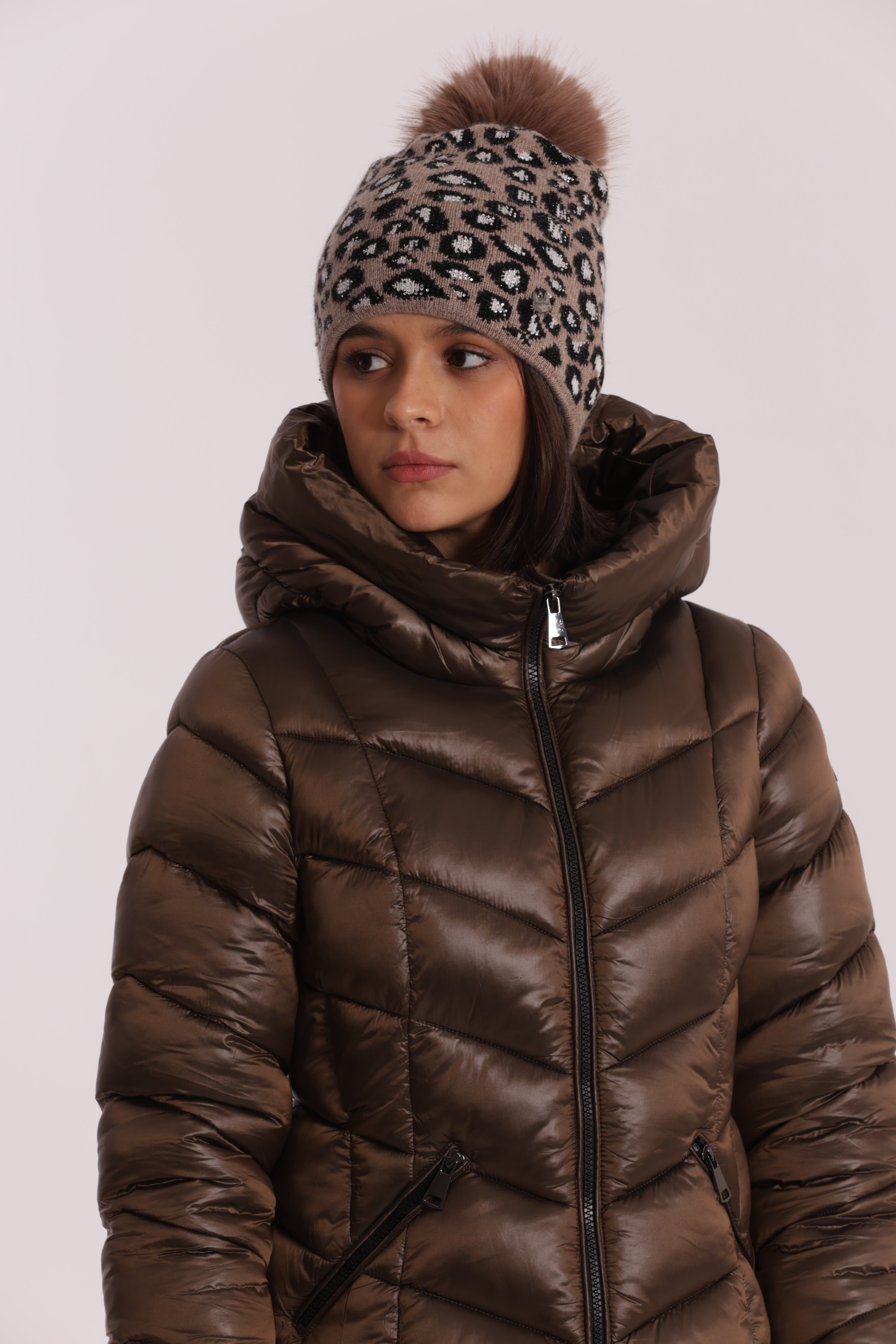 Mimi Mua Berretto Leopardato Strass Pon Pon Nero