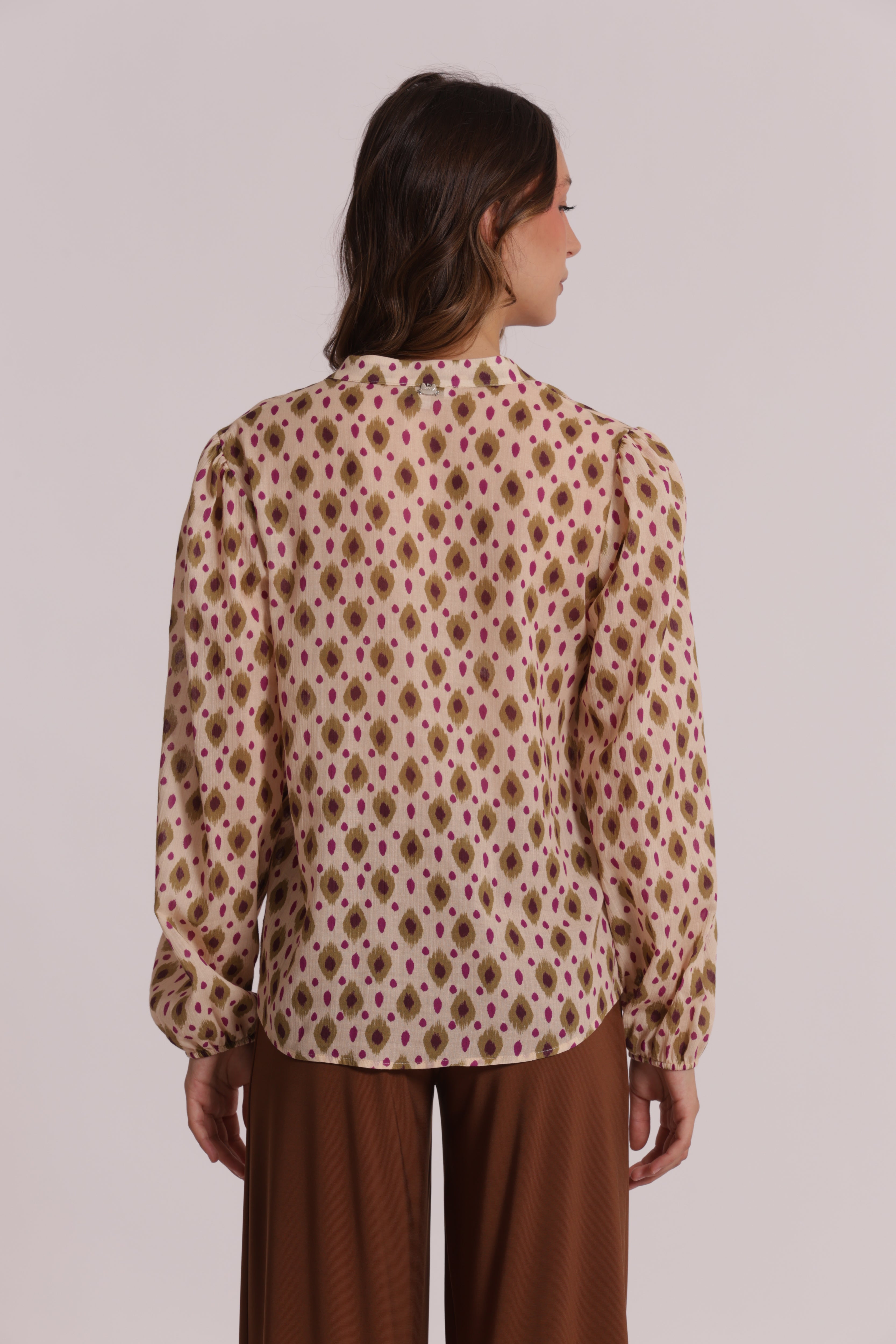 Mimi Mua Blusa Maniche Lunghe Rombi Beige Verde Cotone