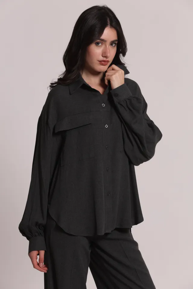 Mimi Mua Camicia con Tasconi in Flanella Piombo