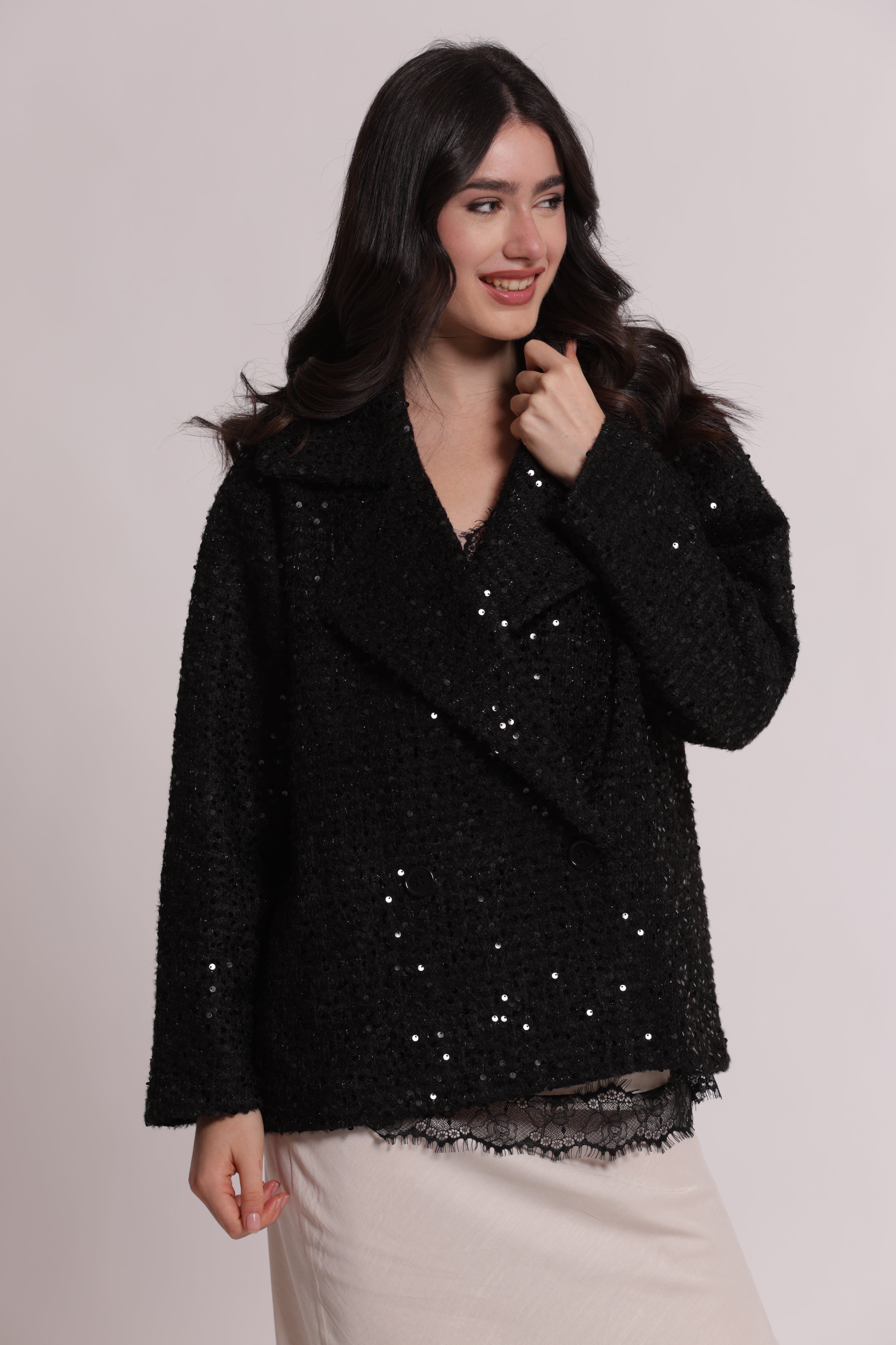 Mimi Mua Giaccone Corto Paillettes Nero Elegante