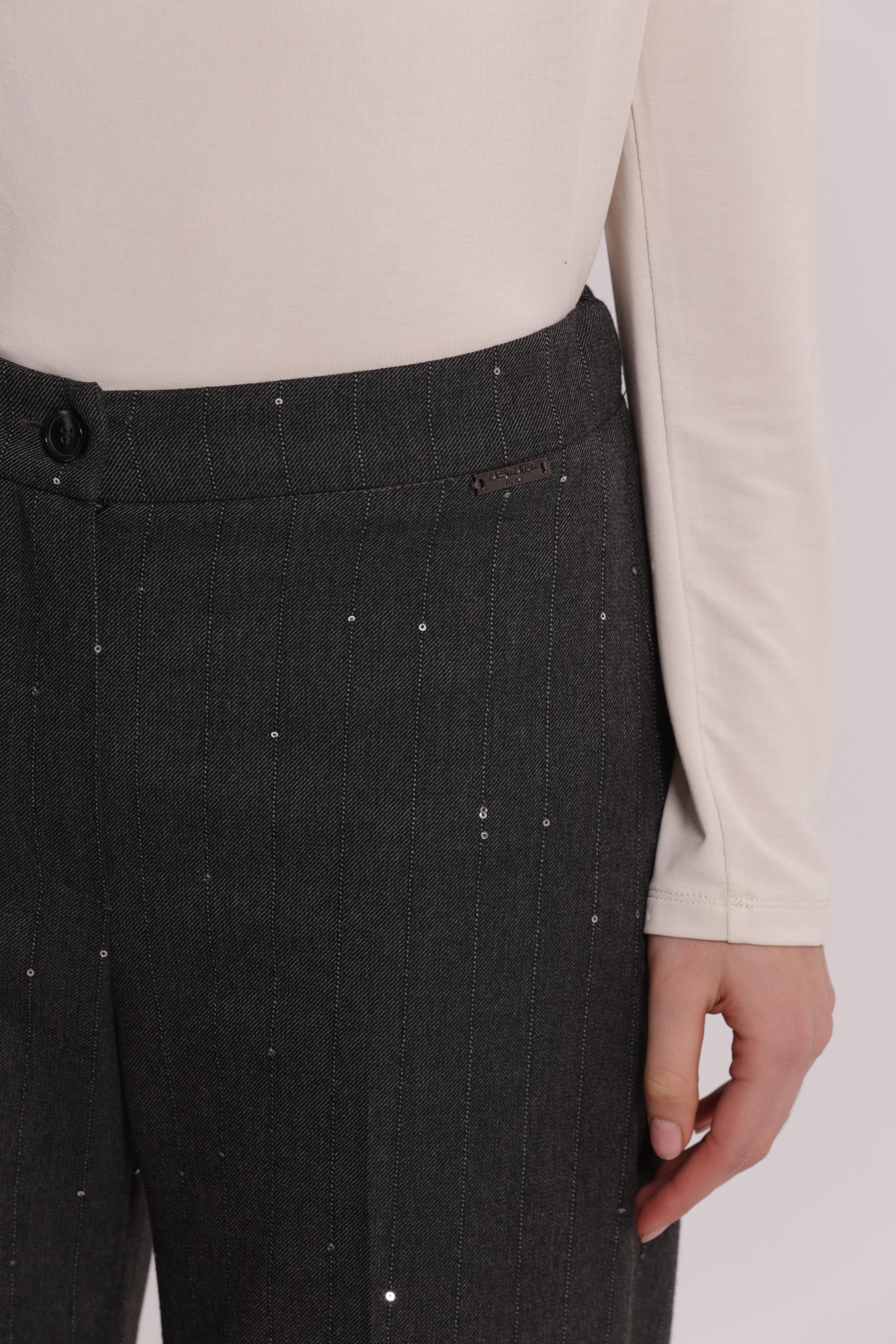 Mimi Mua Pantalone Dritto Gessato Paillettes Piombo