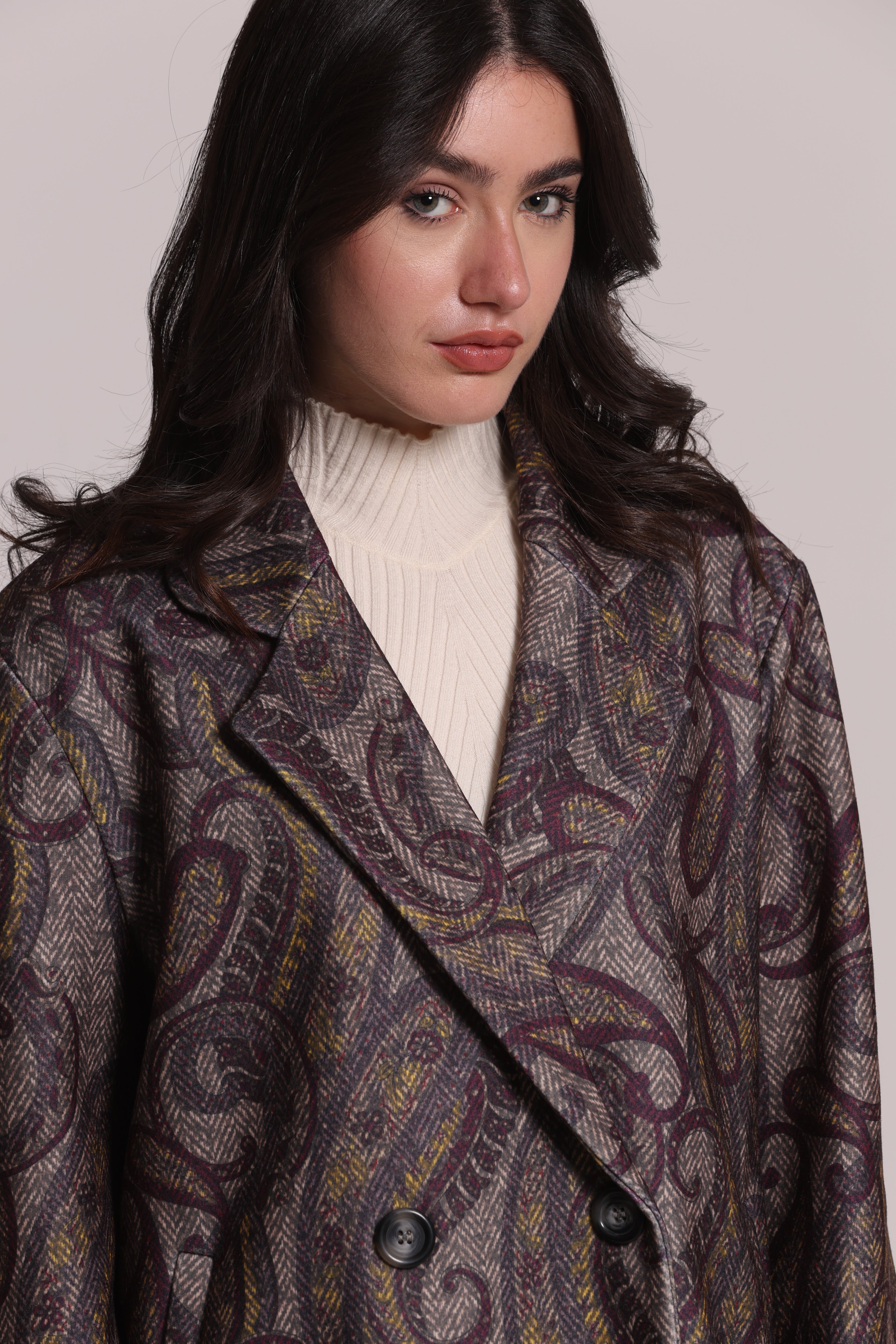 Mimi Mua Cappotto Giaccone Over Paisley Prugna Invernale