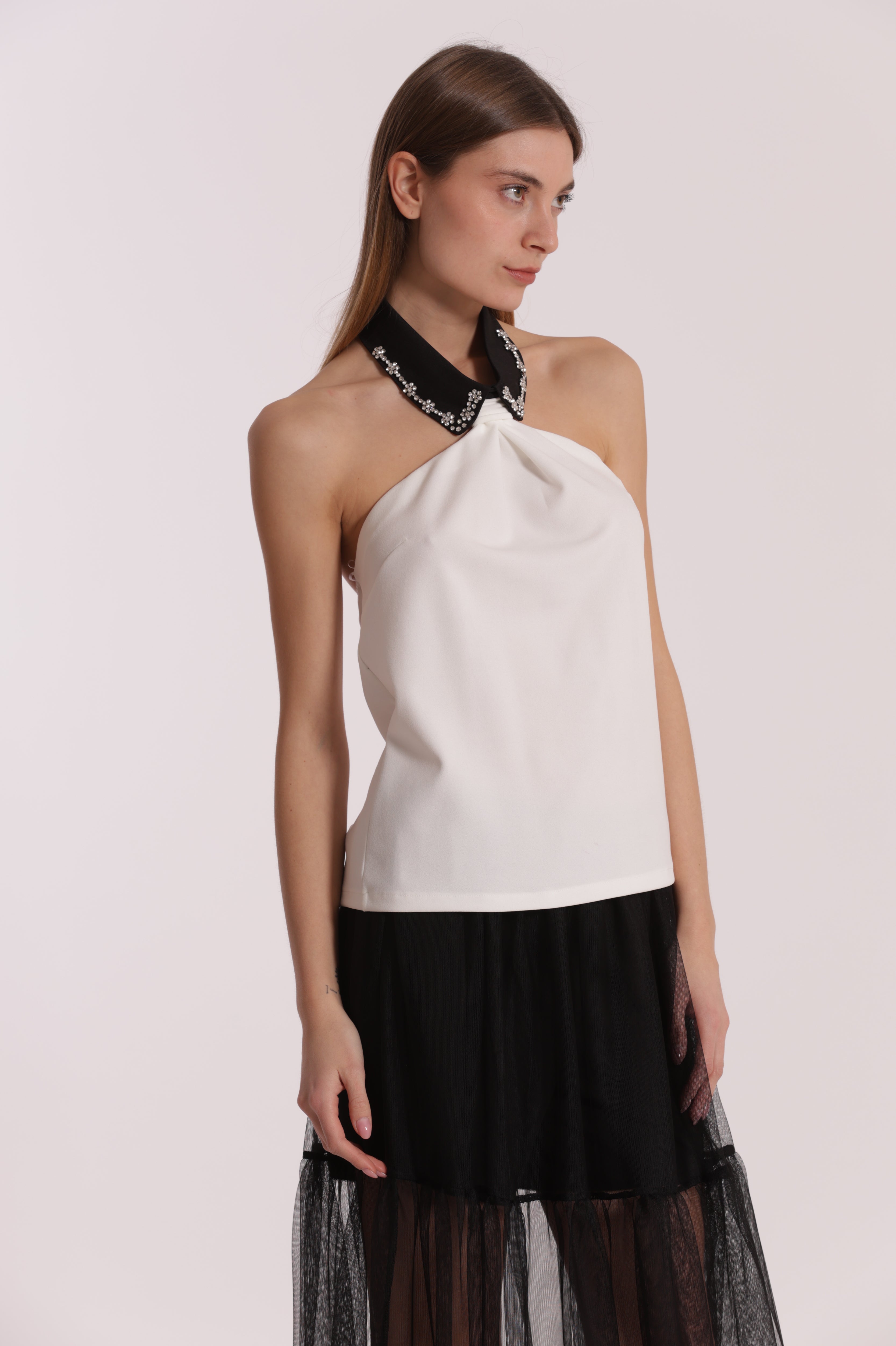 Mimi Mua Top con Colletto di Strass elasticizzato